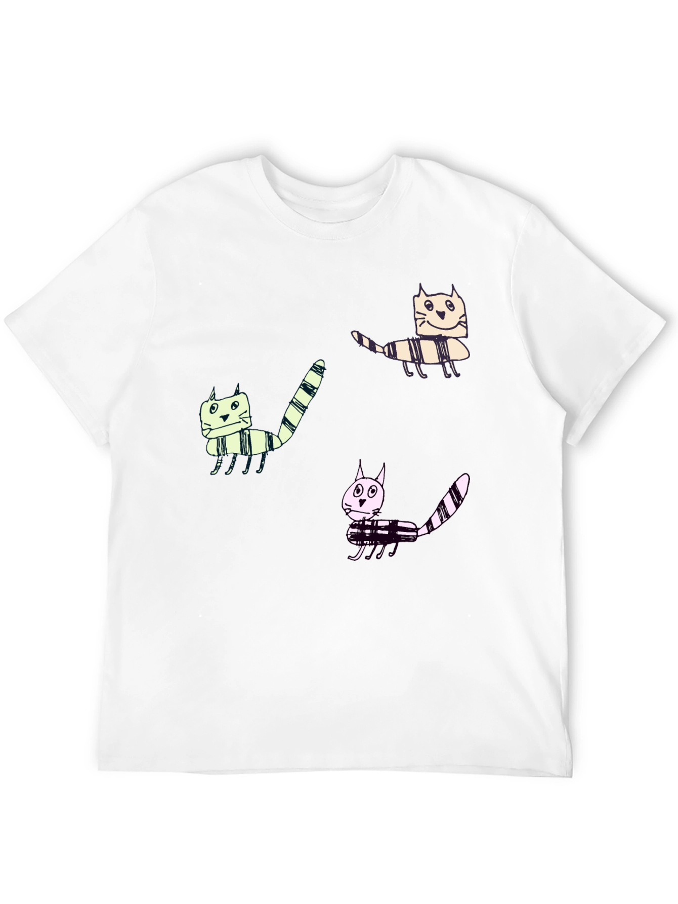Whimsical Cat Print Black T-Shirt