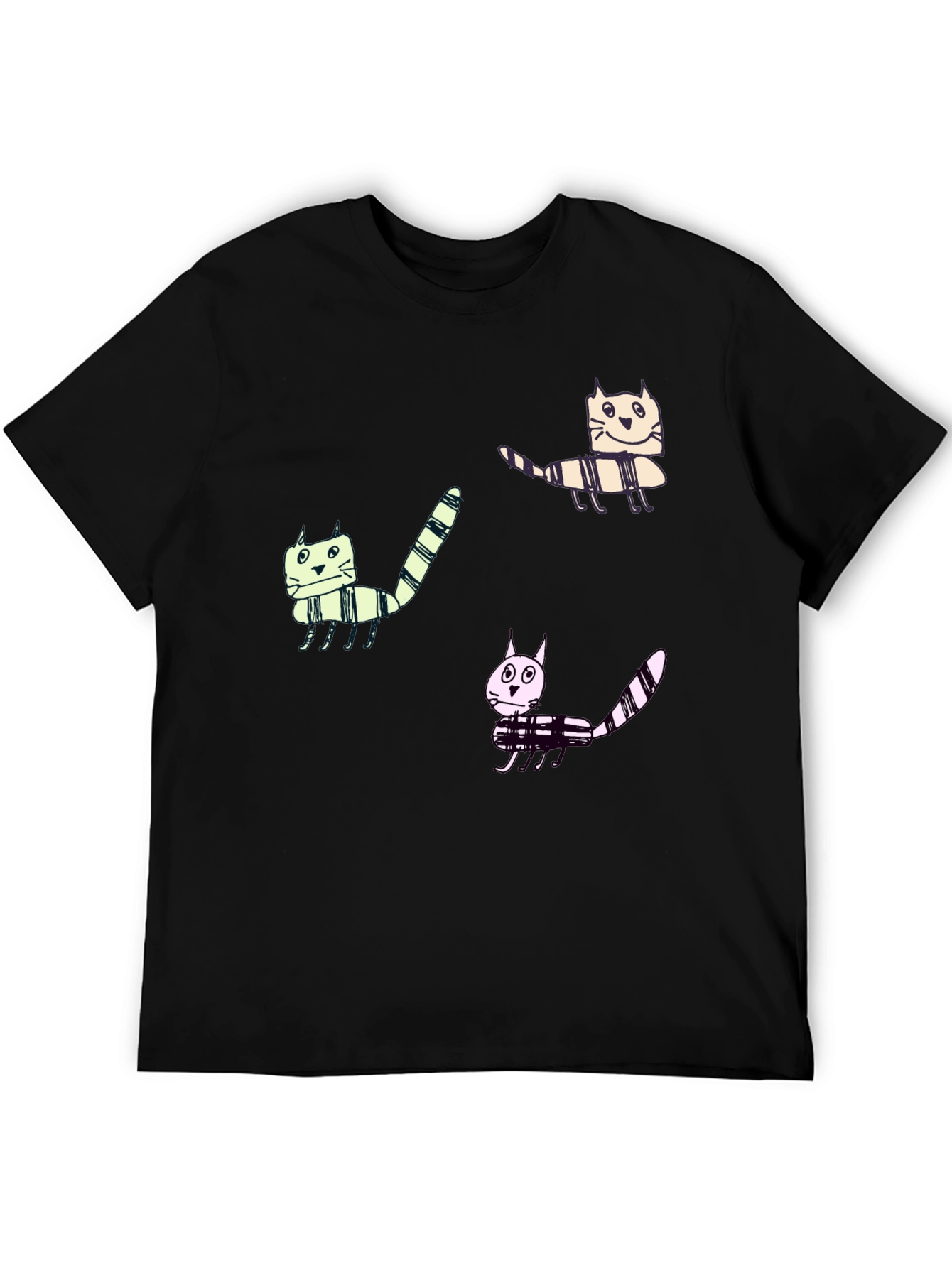 Whimsical Cat Print Black T-Shirt