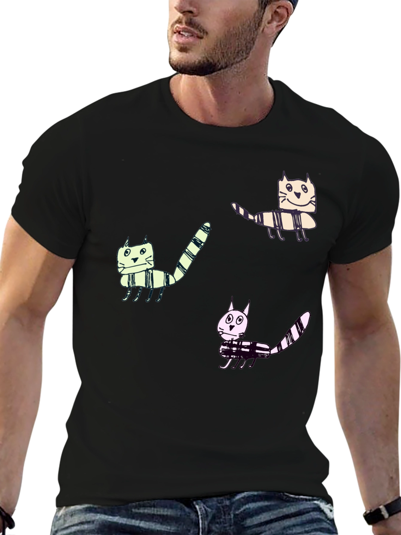 Whimsical Cat Print Black T-Shirt