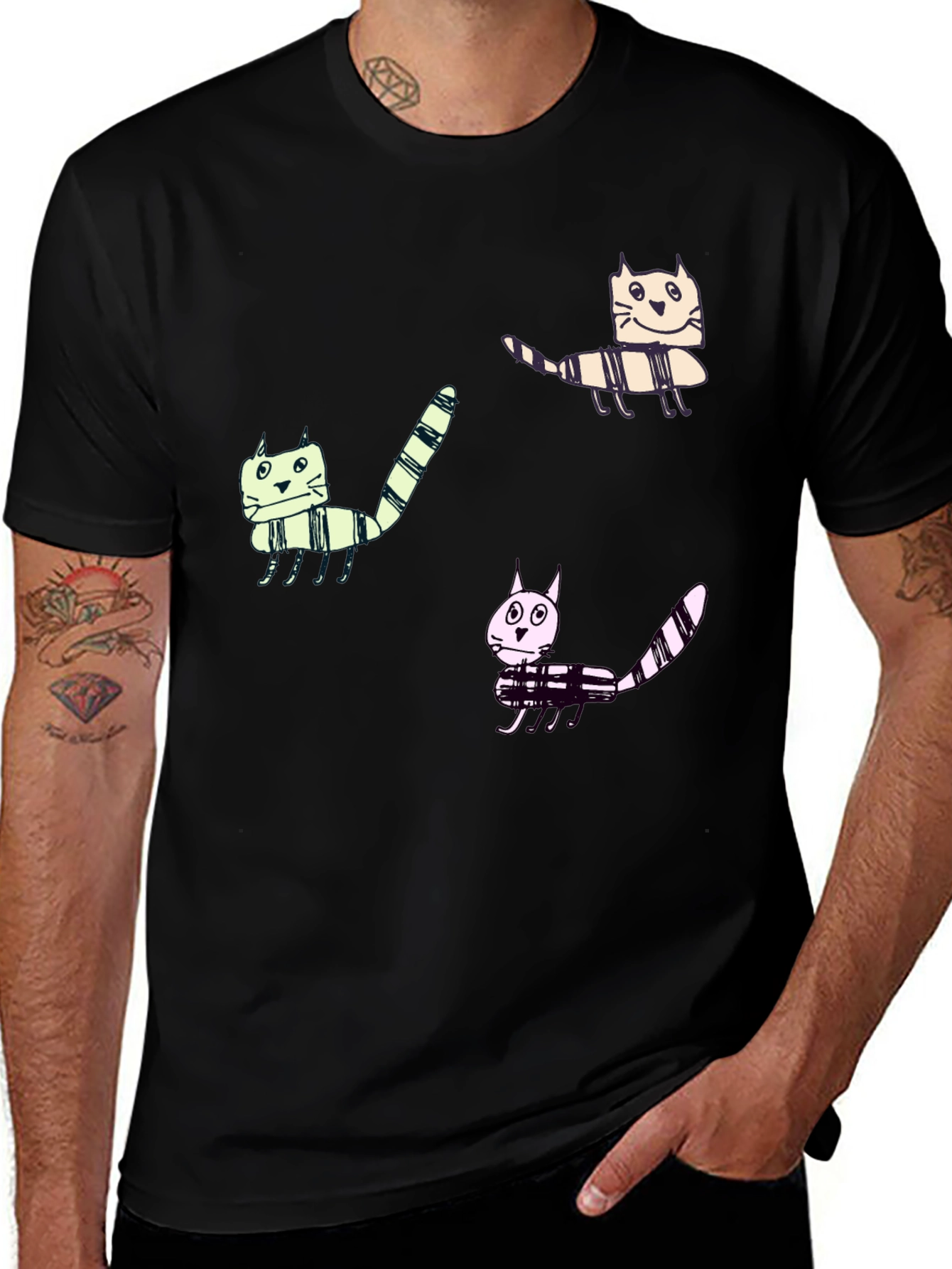 Whimsical Cat Print Black T-Shirt