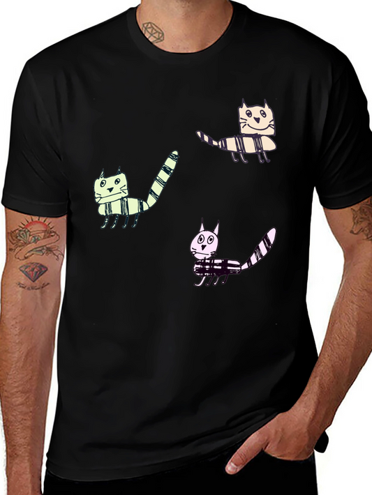 Whimsical Cat Print Black T-Shirt