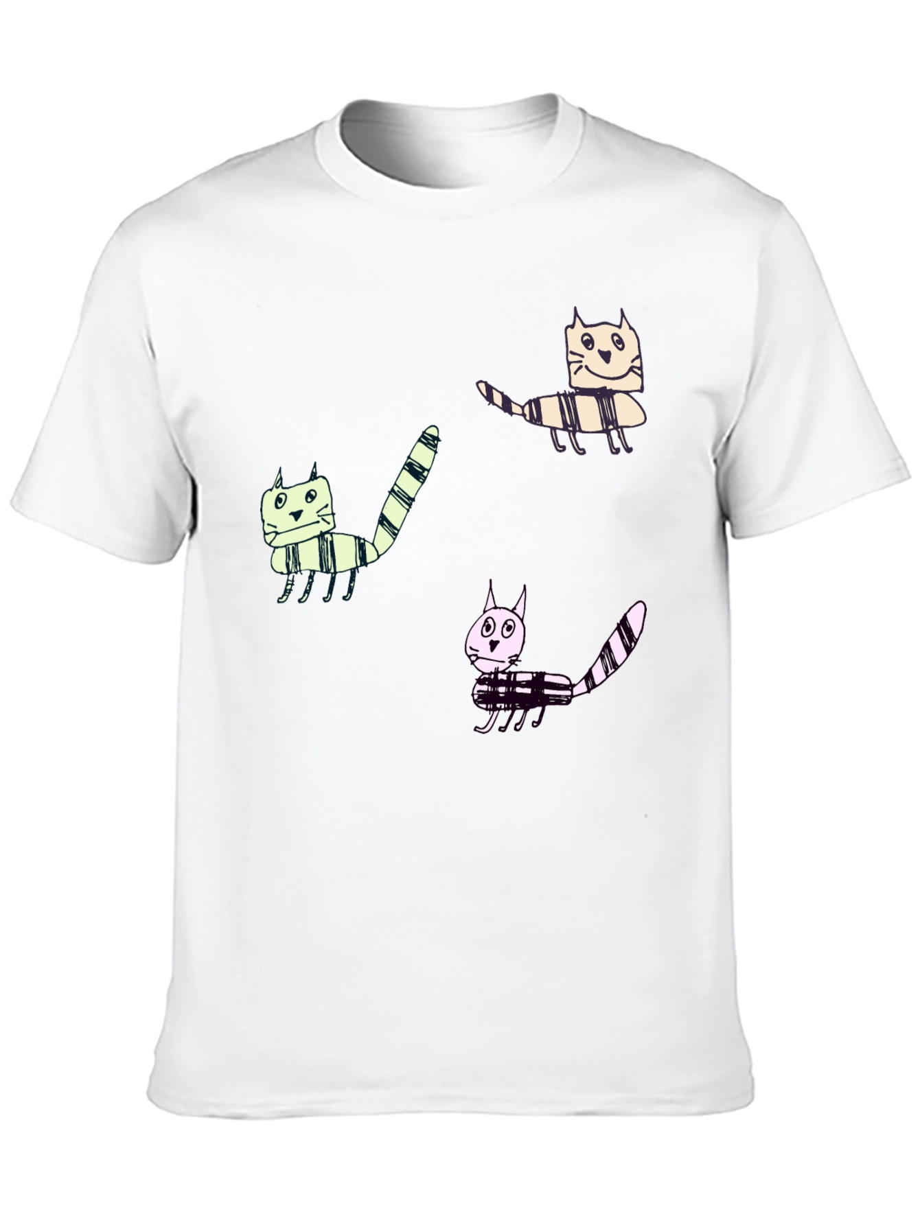 Whimsical Cat Print Black T-Shirt