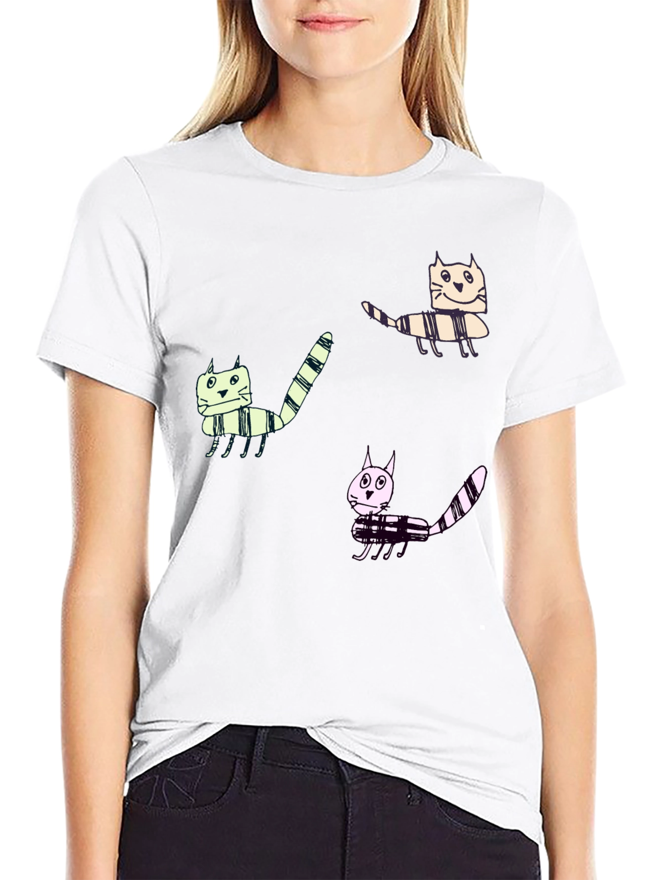 Whimsical Cat Print Black T-Shirt