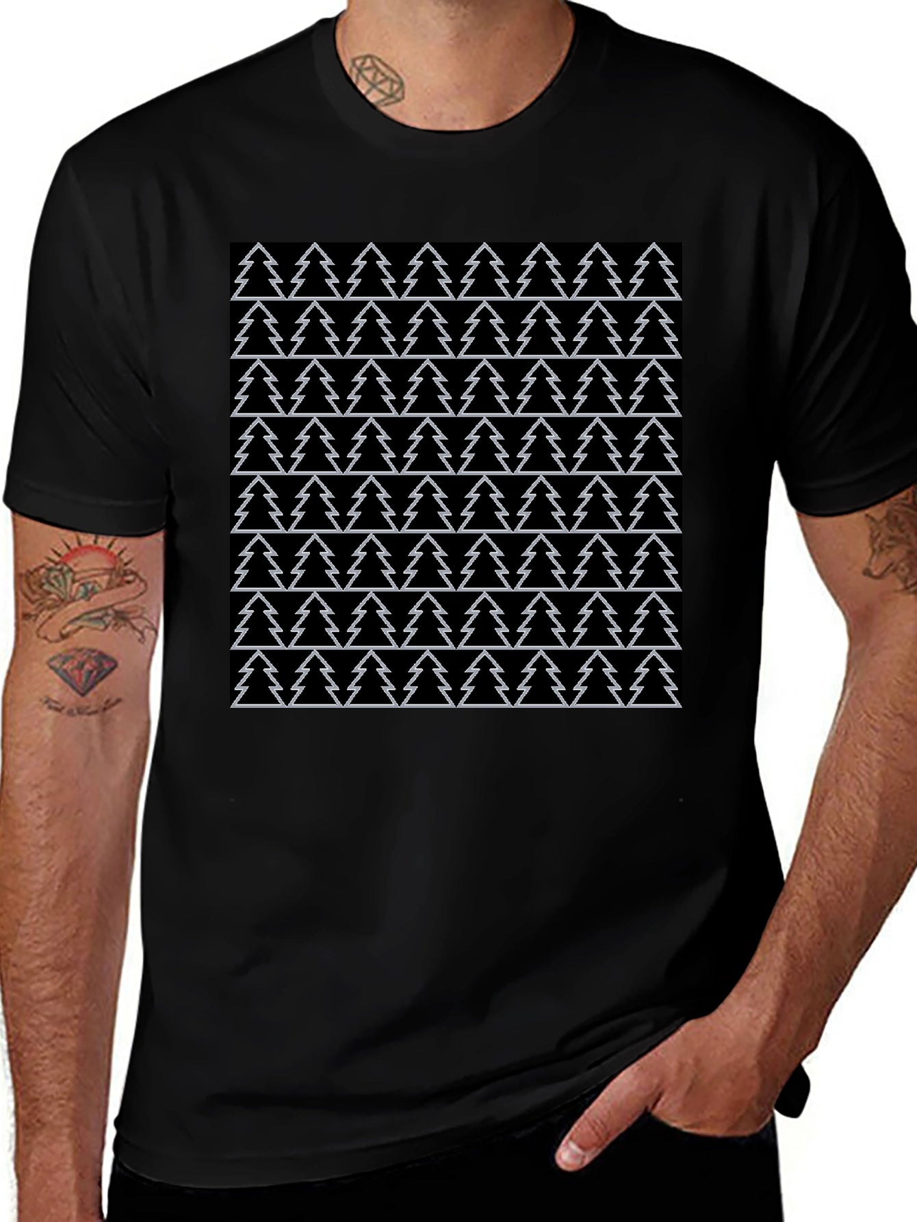 Christmas Tree Pattern Black T-Shirt