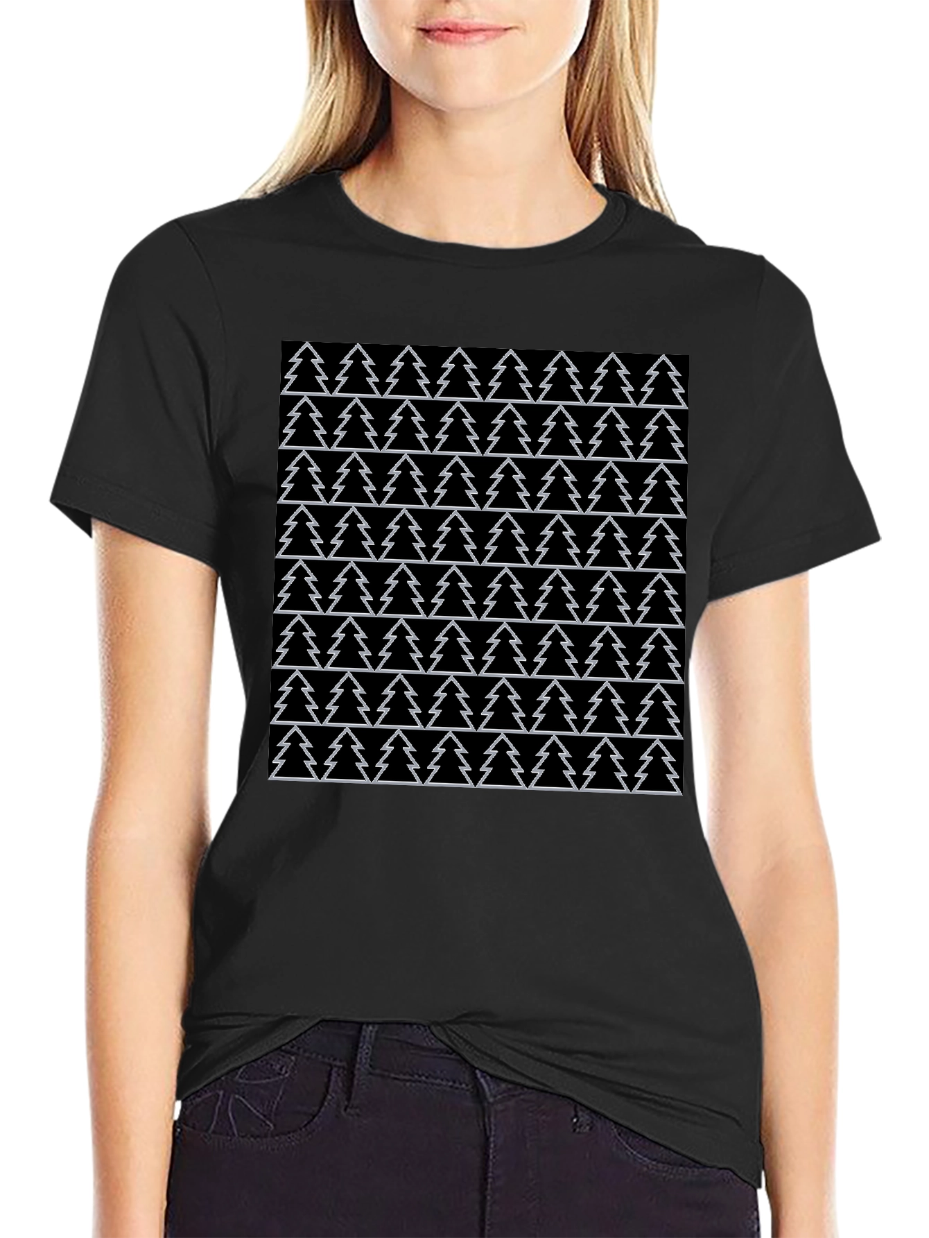 Christmas Tree Pattern Black T-Shirt
