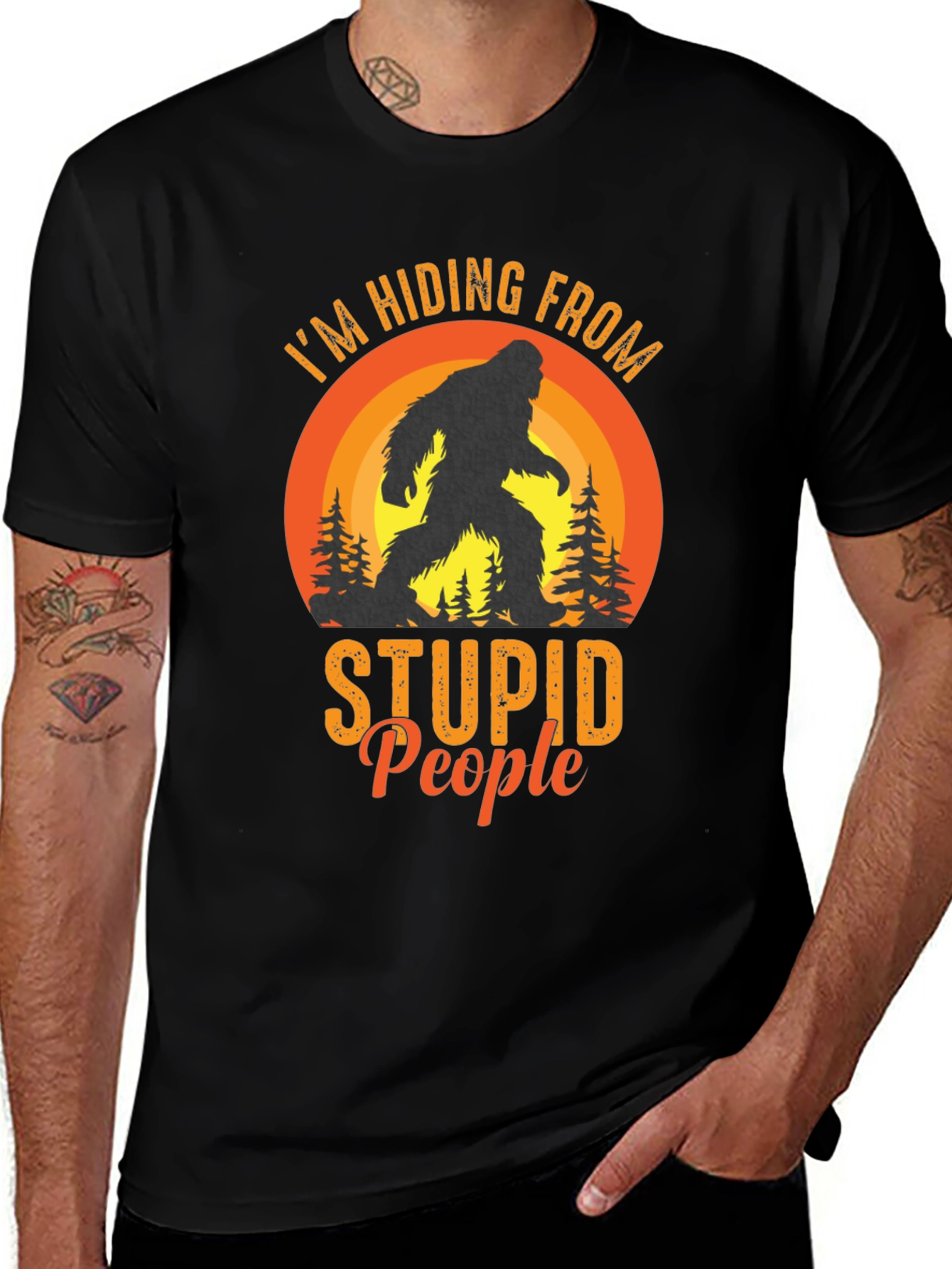 Hiding From Stupid People Bigfoot Black T-Shirt