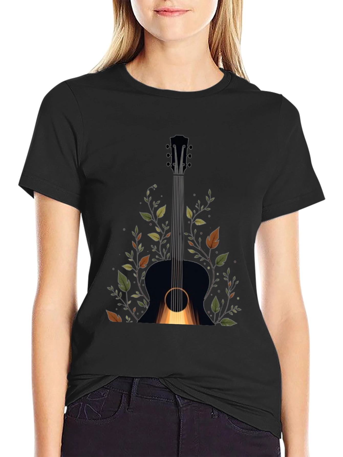 Guitar & Foliage Graphic Tee - Black Cotton Blend