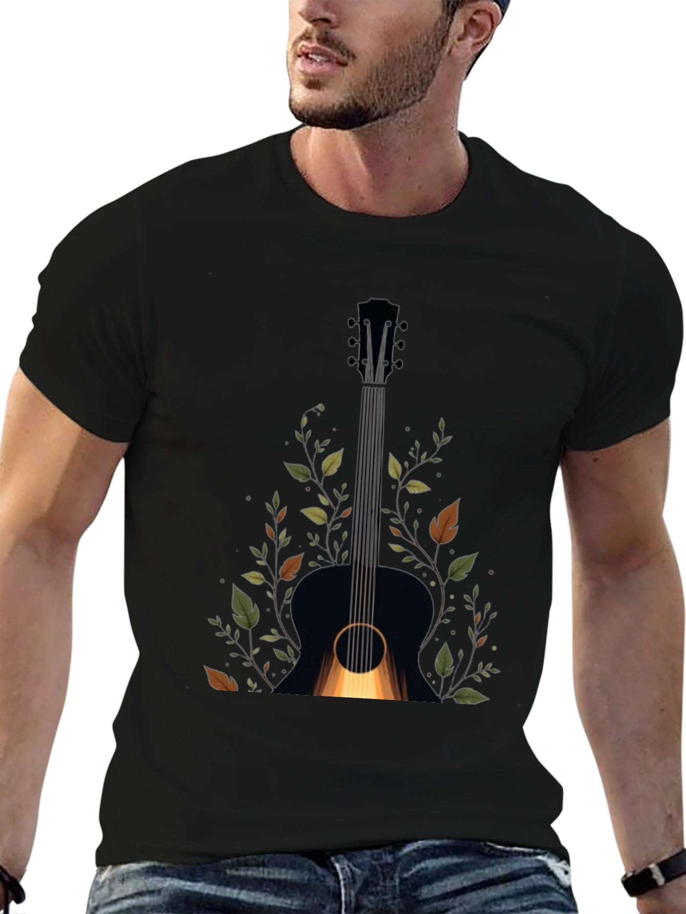 Guitar & Foliage Graphic Tee - Black Cotton Blend