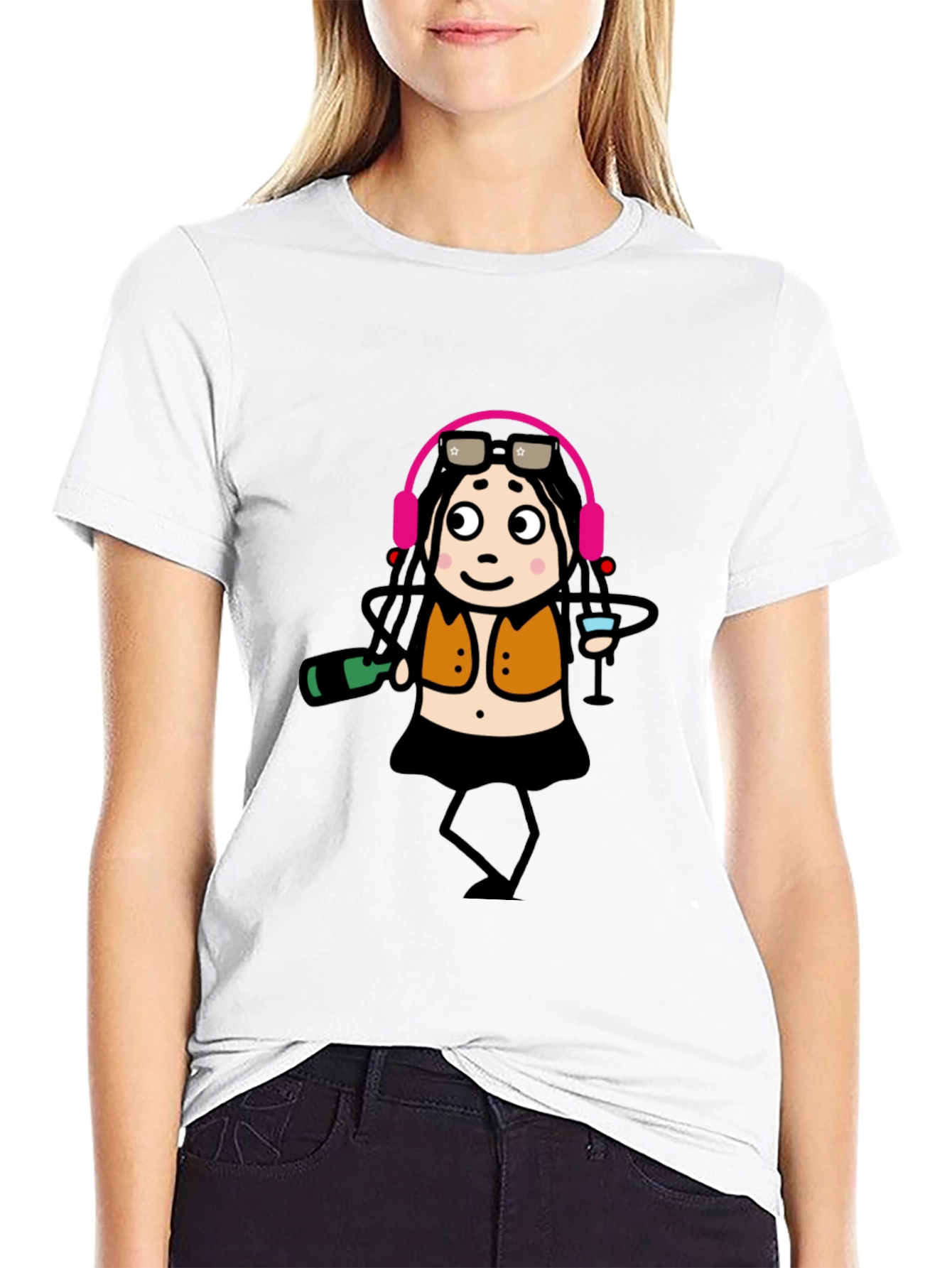 Funky Party Girl Graphic Tee - Black Cotton T-Shirt