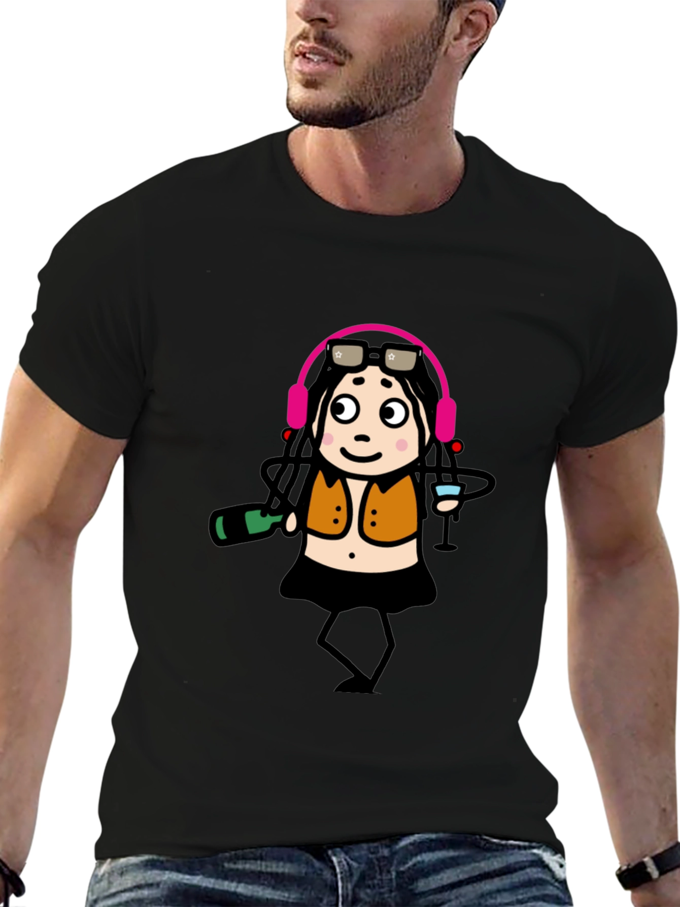 Funky Party Girl Graphic Tee - Black Cotton T-Shirt