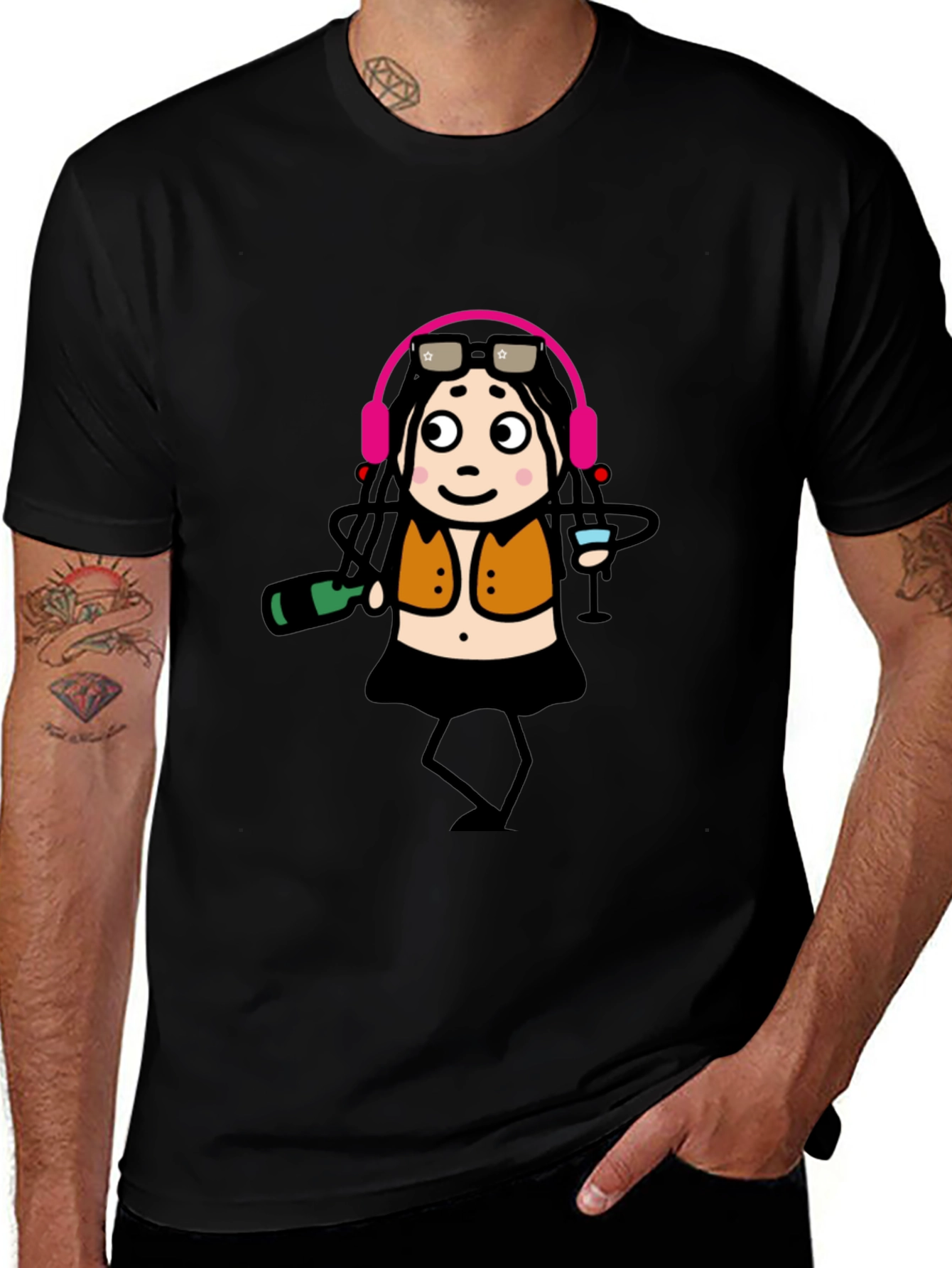 Funky Party Girl Graphic Tee - Black Cotton T-Shirt