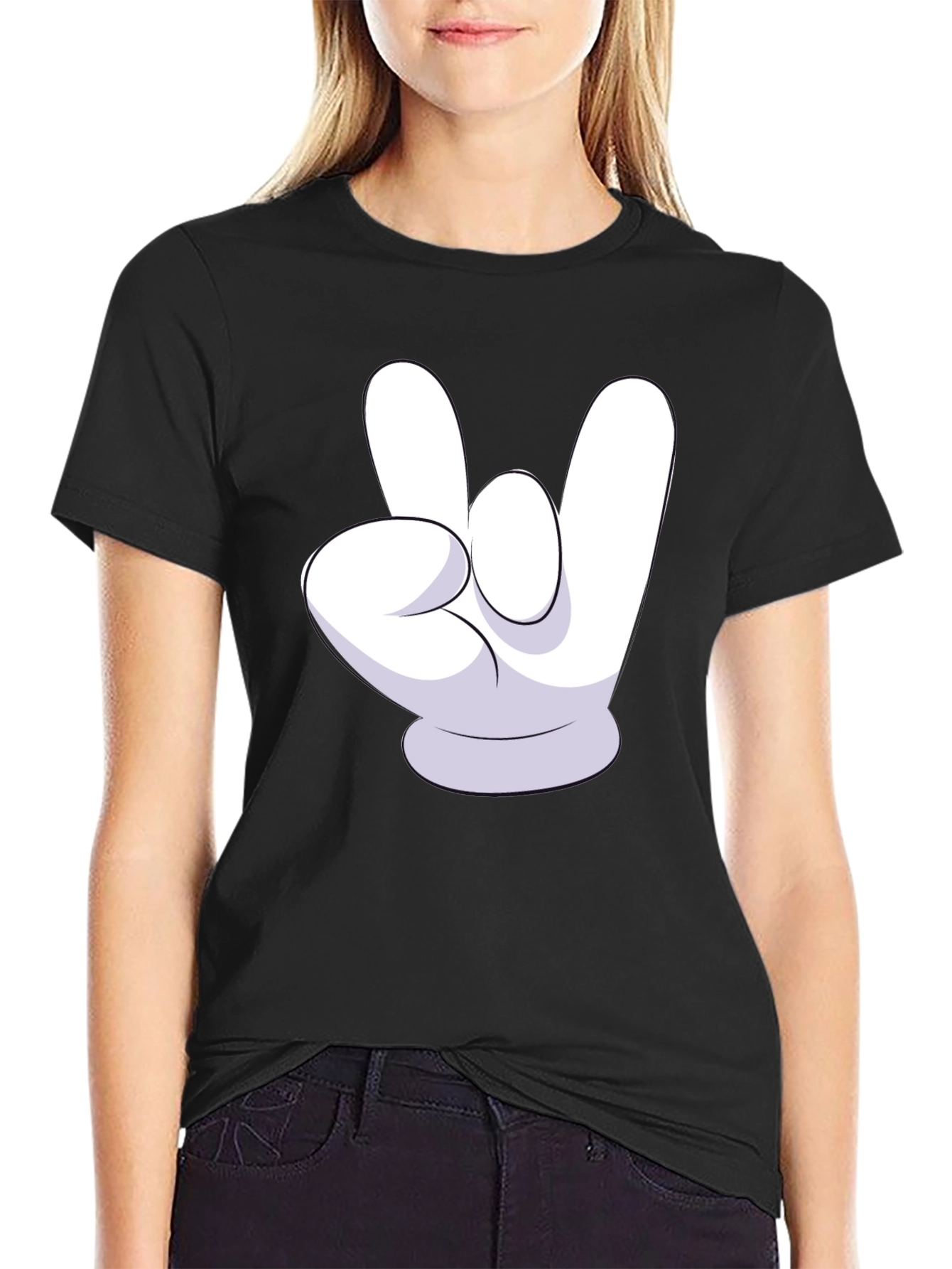 Rock On Mickey Mouse Hand Black T-Shirt