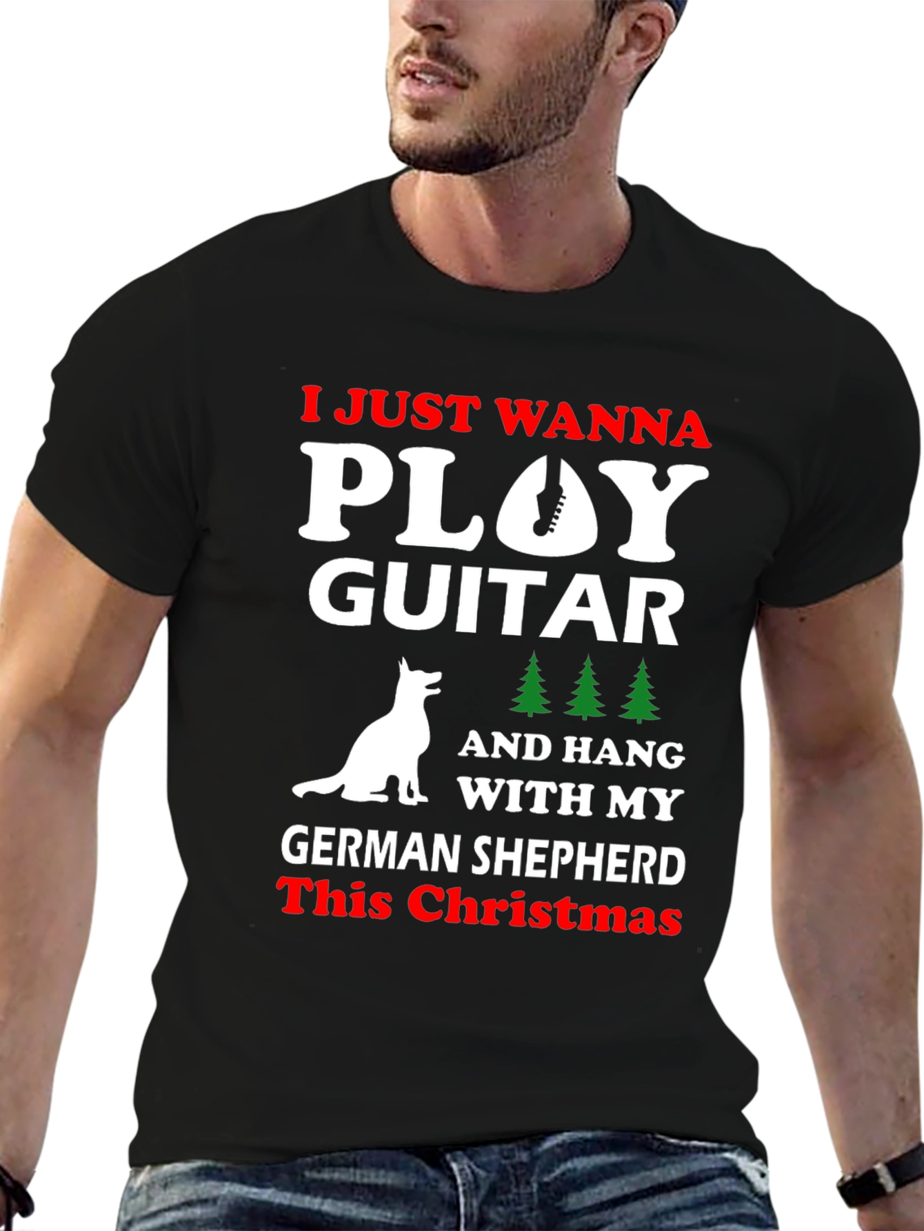 German Shepherd Christmas Guitar T-Shirt