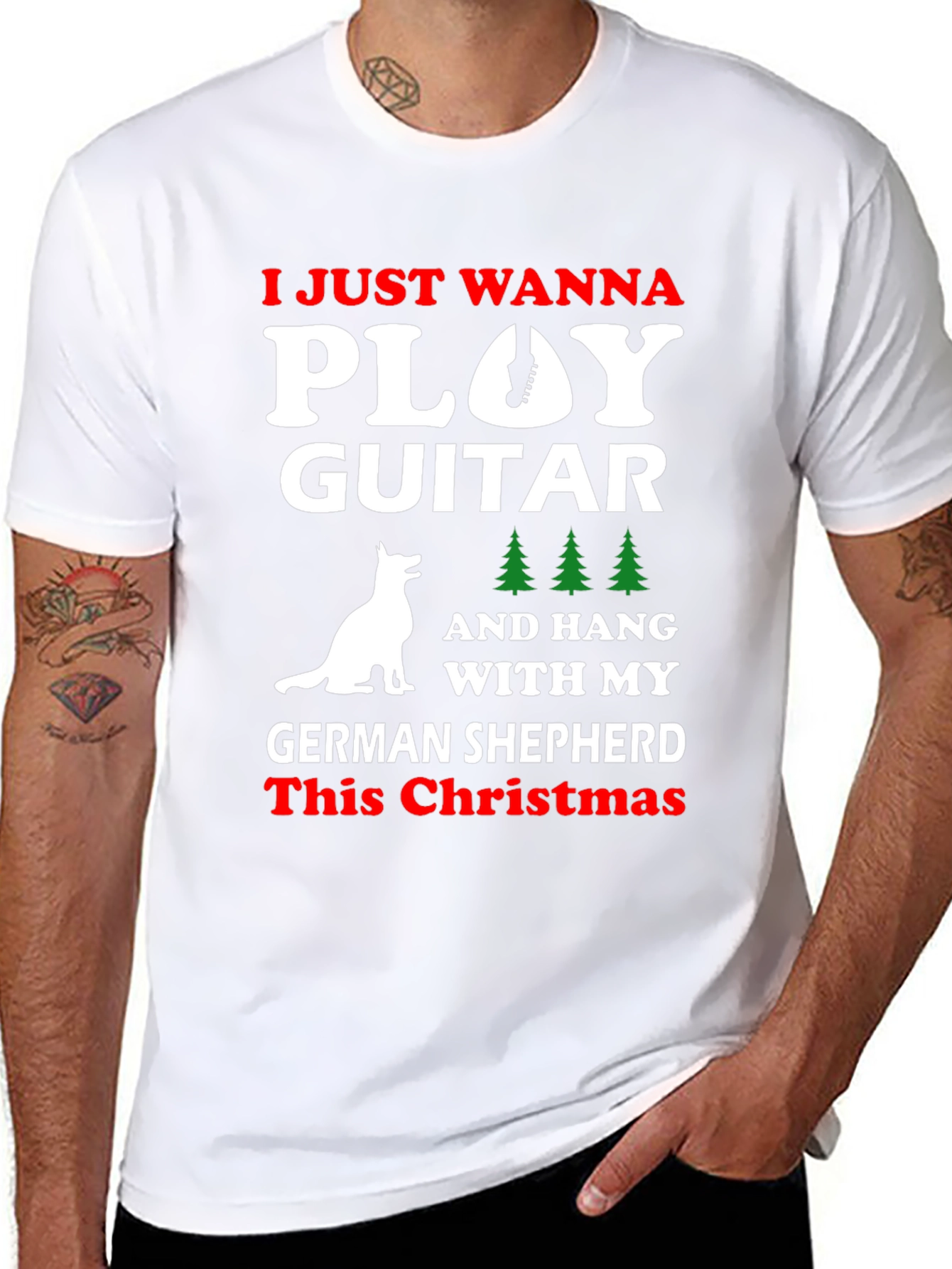 German Shepherd Christmas Guitar T-Shirt