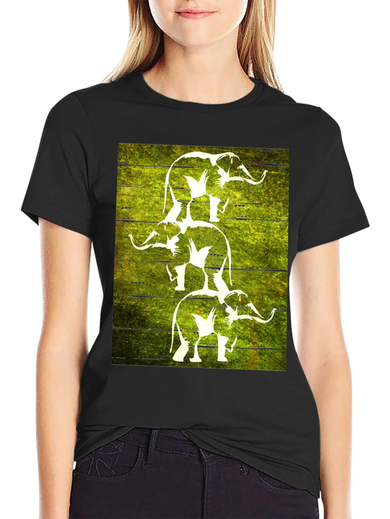 Stacked Elephant Graphic Tee - Black Cotton T-Shirt