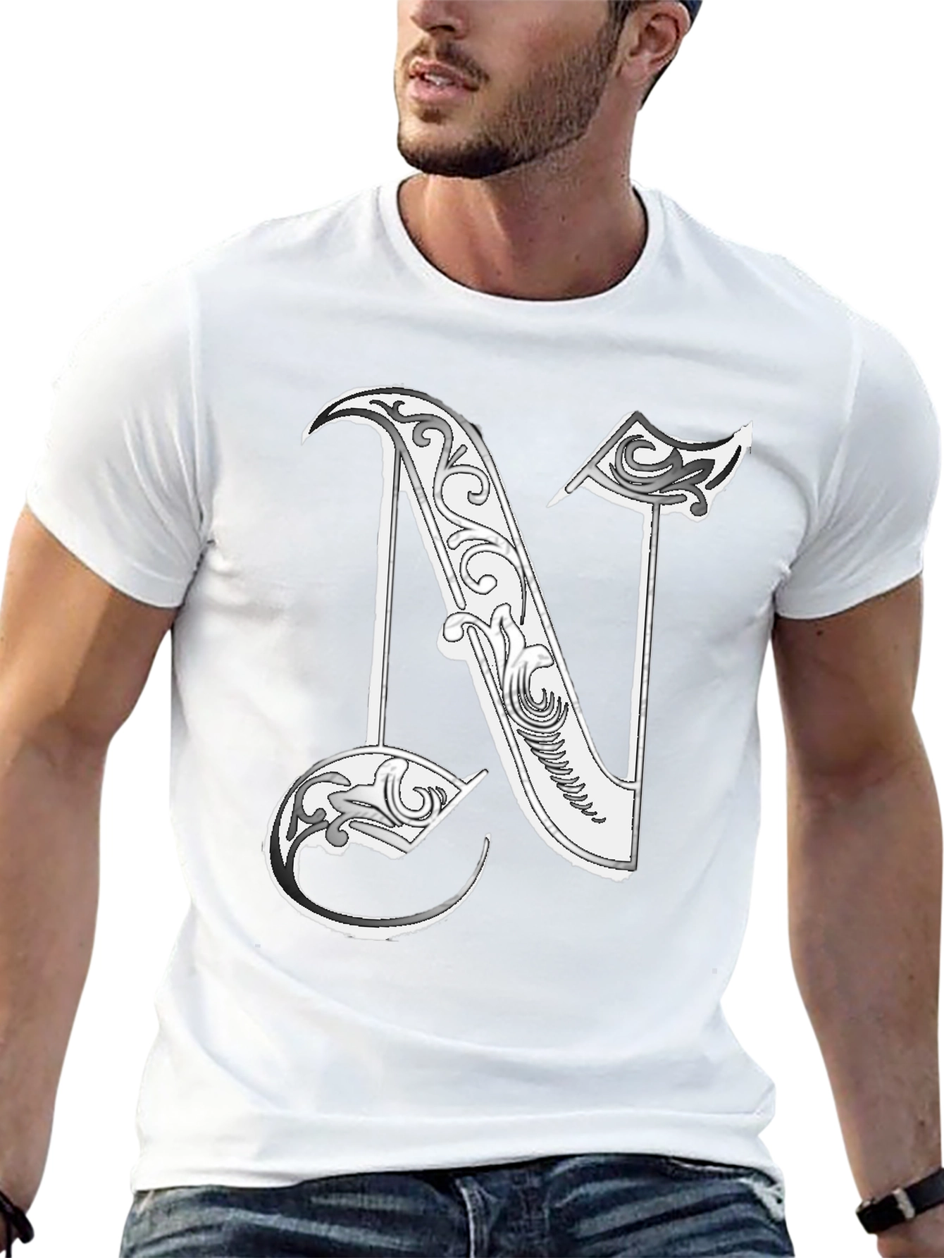 Letter N Graphic T-Shirt - Black