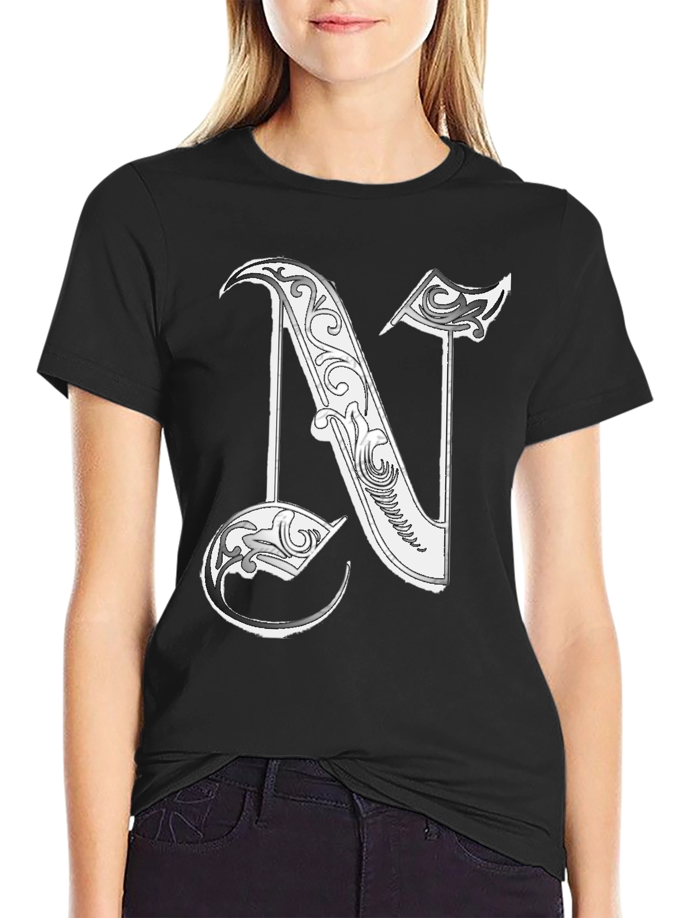 Letter N Graphic T-Shirt - Black