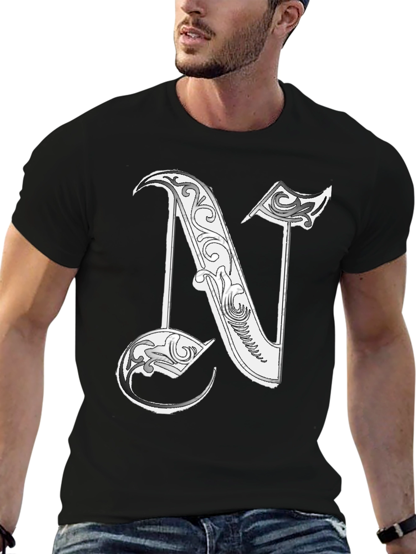 Letter N Graphic T-Shirt - Black