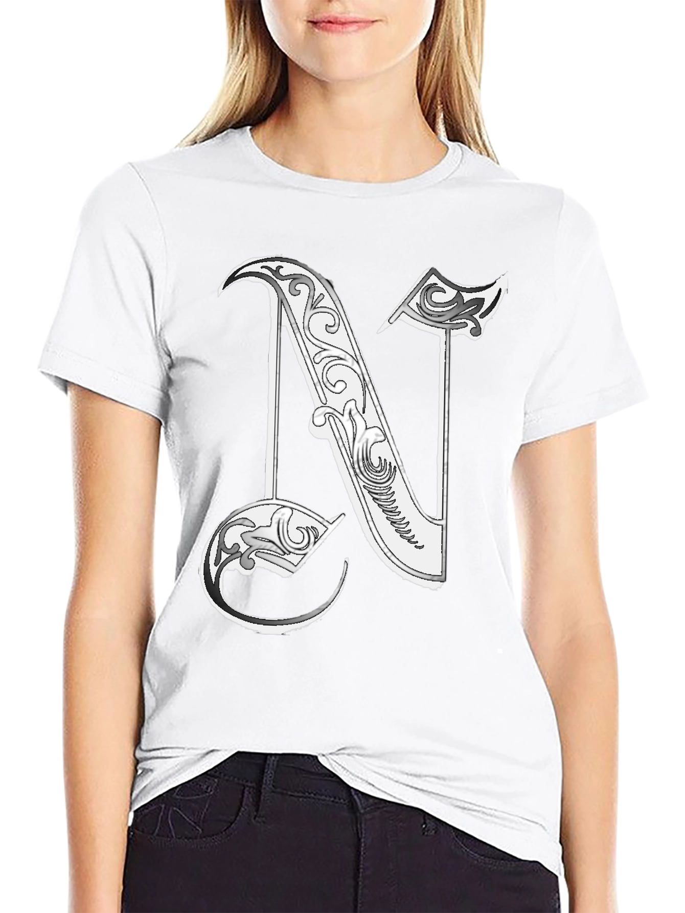 Letter N Graphic T-Shirt - Black