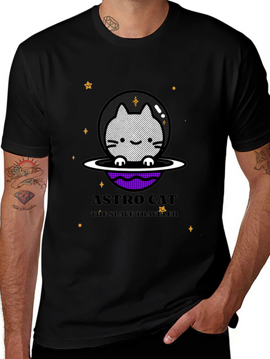 Astro Cat Space Traveler Black T-Shirt