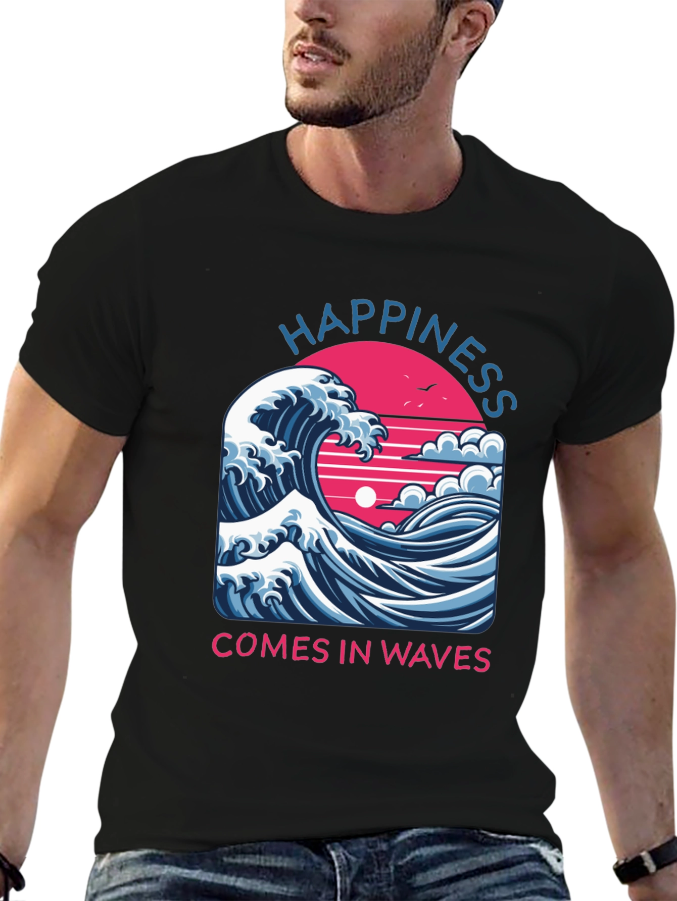 Happiness Comes in Waves Graphic Tee - Black