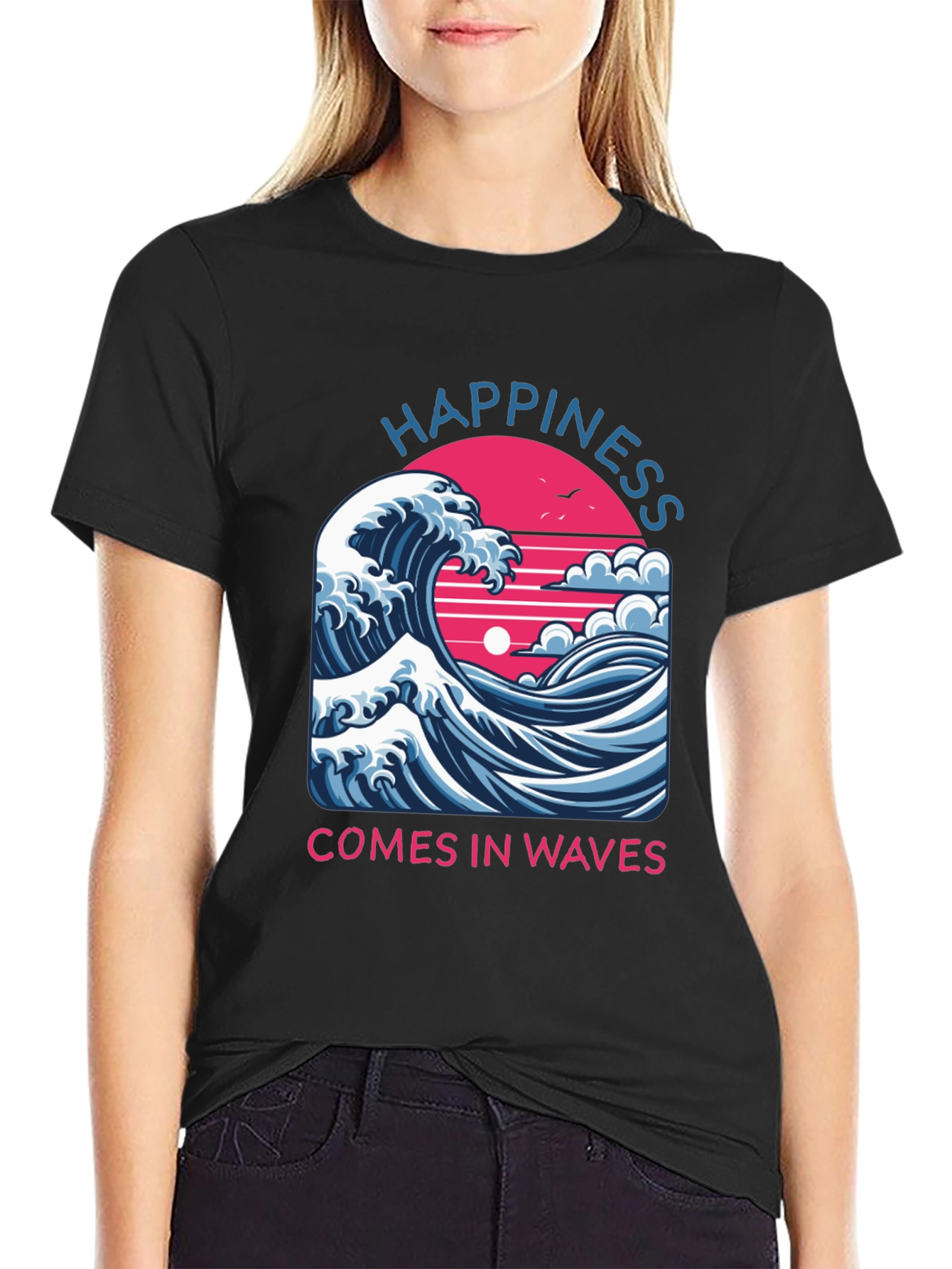 Happiness Comes in Waves Graphic Tee - Black