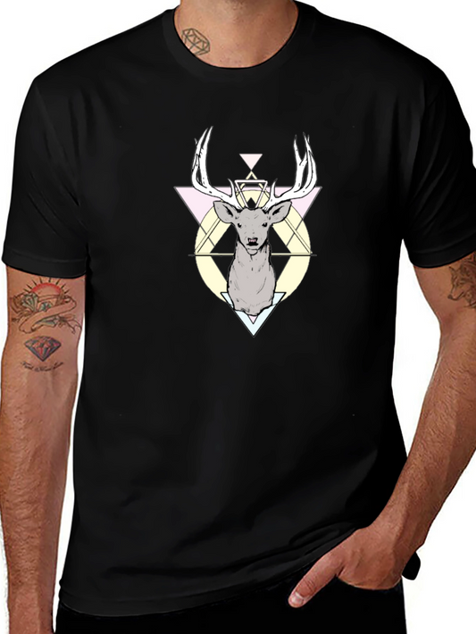 Geometric Deer Graphic Black T-Shirt