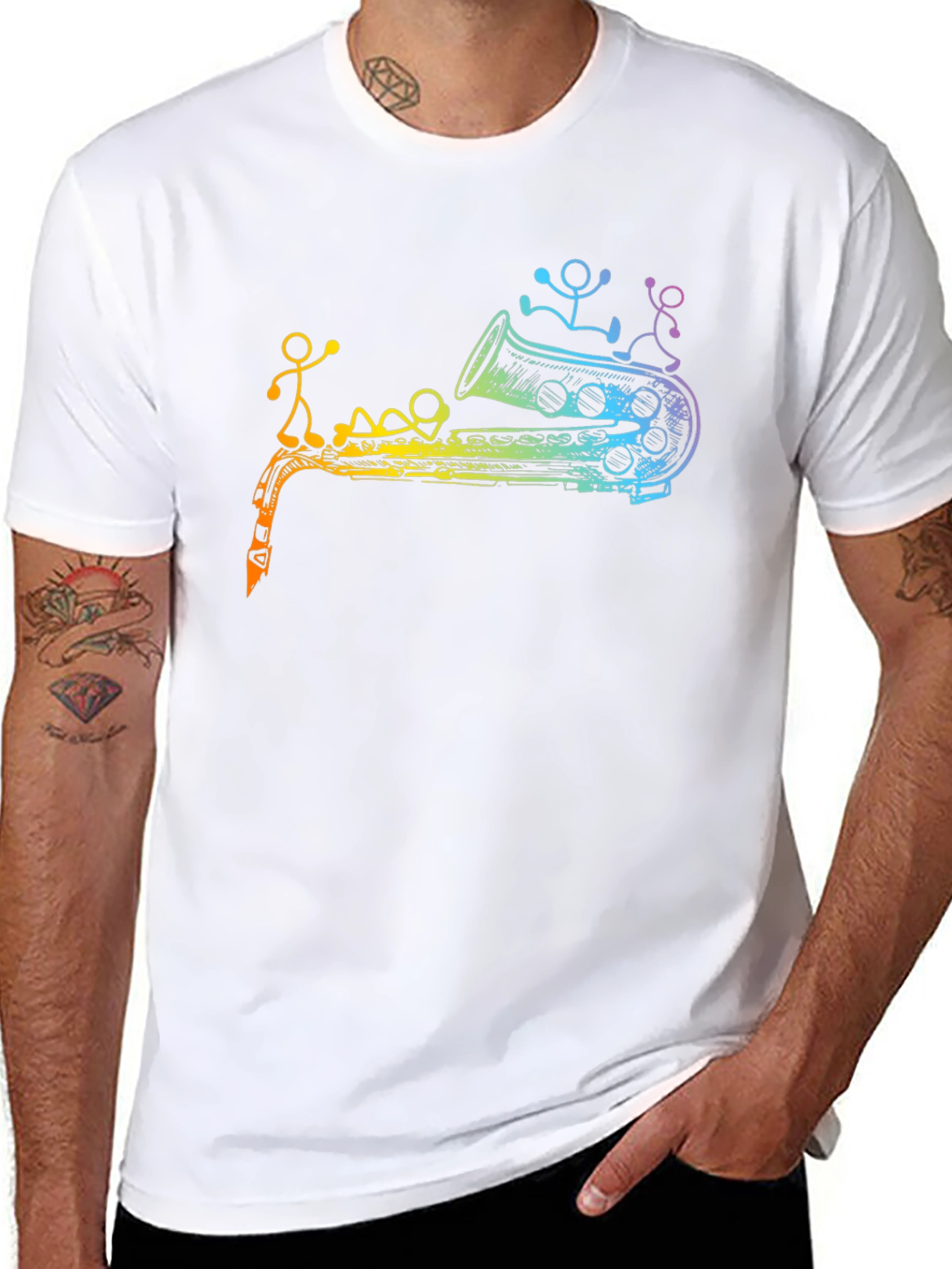 Rainbow Saxophone Stick Figures Graphic T-Shirt