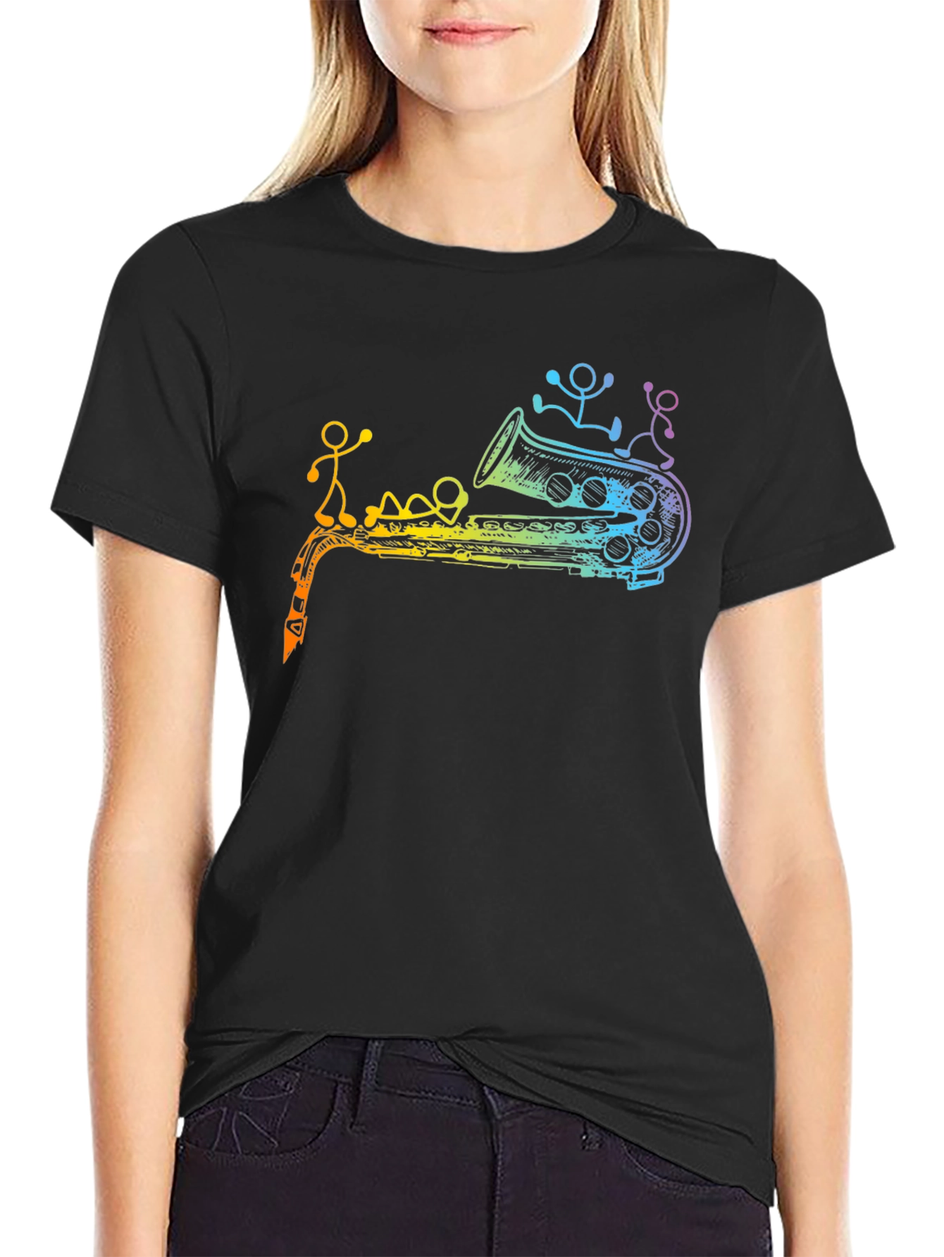 Rainbow Saxophone Stick Figures Graphic T-Shirt