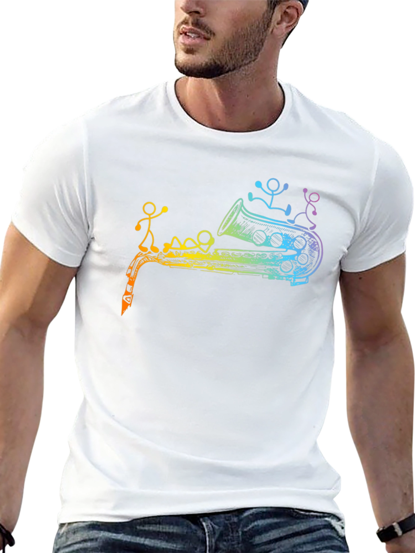 Rainbow Saxophone Stick Figures Graphic T-Shirt