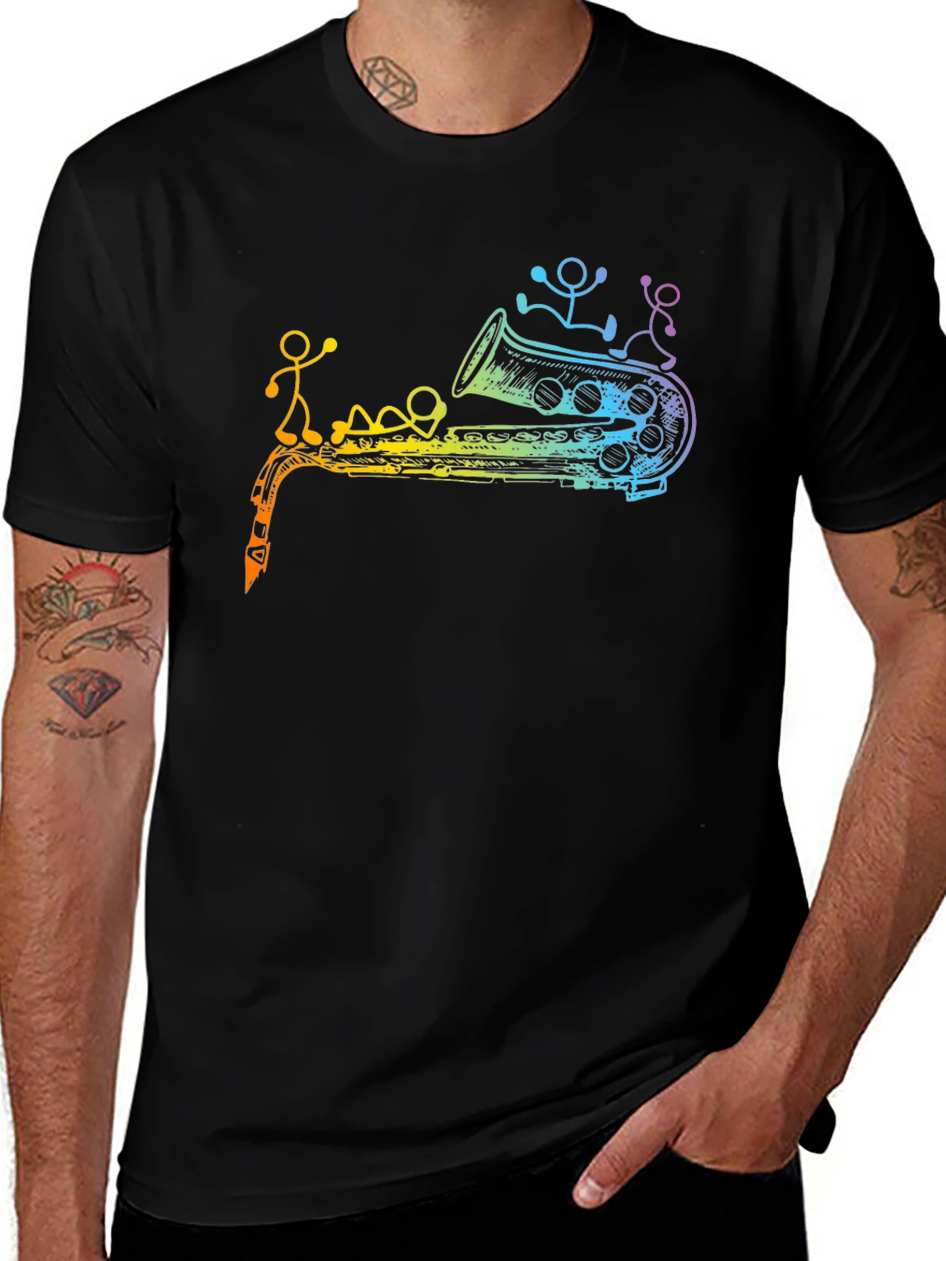 Rainbow Saxophone Stick Figures Graphic T-Shirt