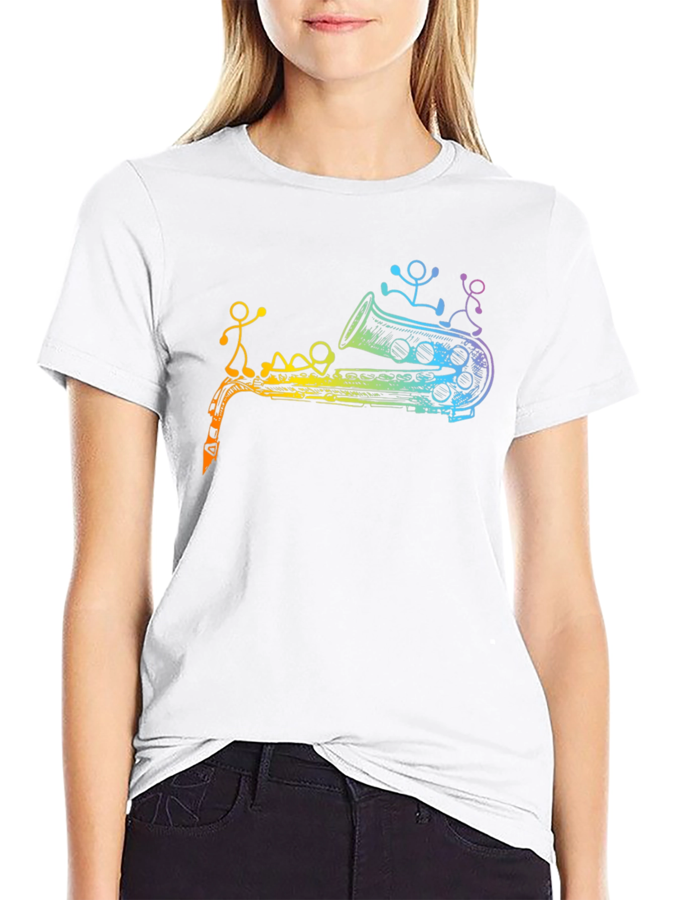 Rainbow Saxophone Stick Figures Graphic T-Shirt