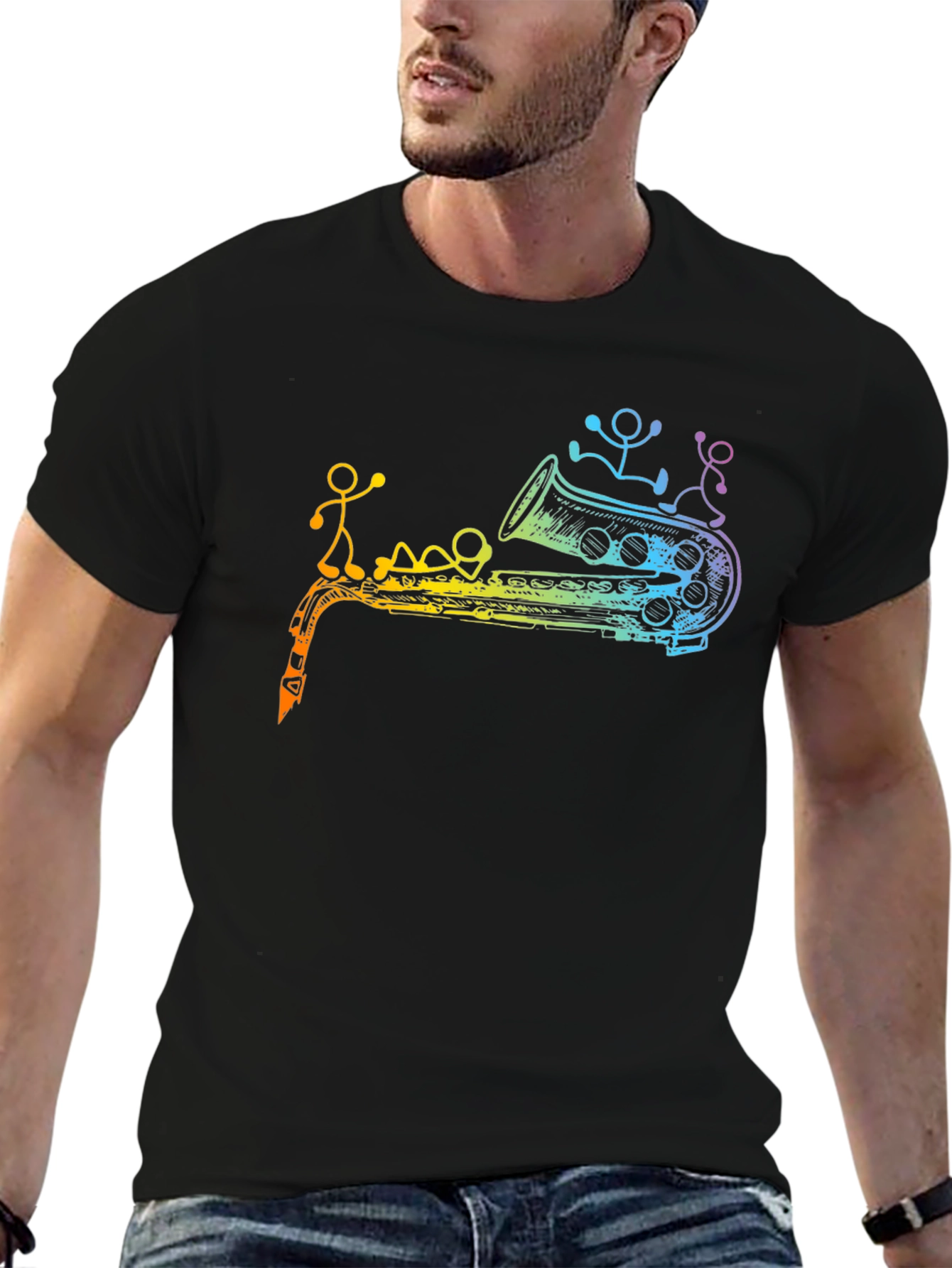 Rainbow Saxophone Stick Figures Graphic T-Shirt