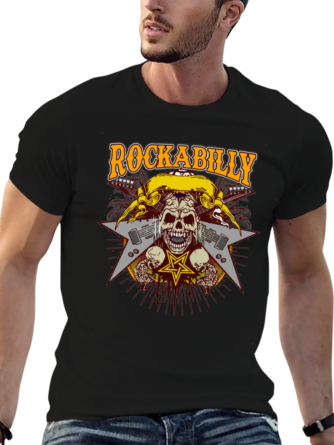 Rockabilly Skull Graphic T-Shirt - Black