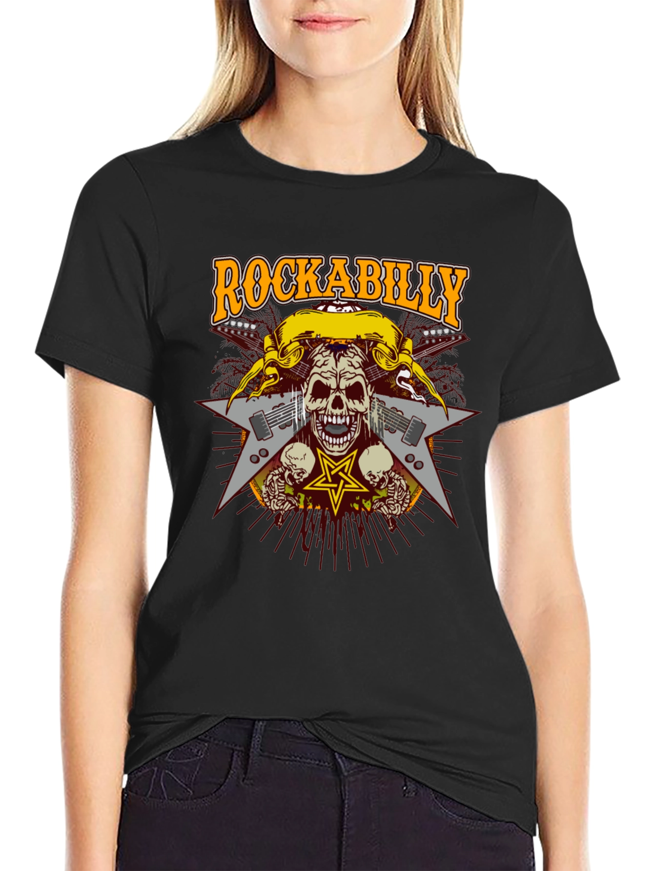 Rockabilly Skull Graphic T-Shirt - Black