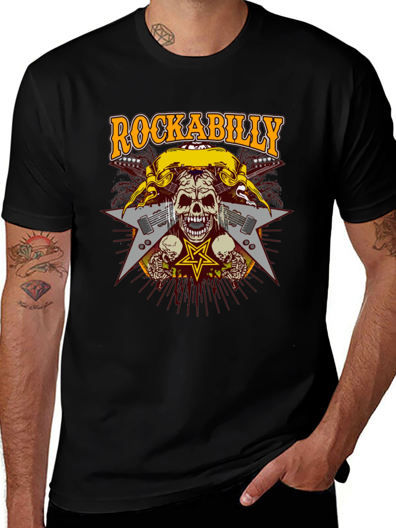 Rockabilly Skull Graphic T-Shirt - Black