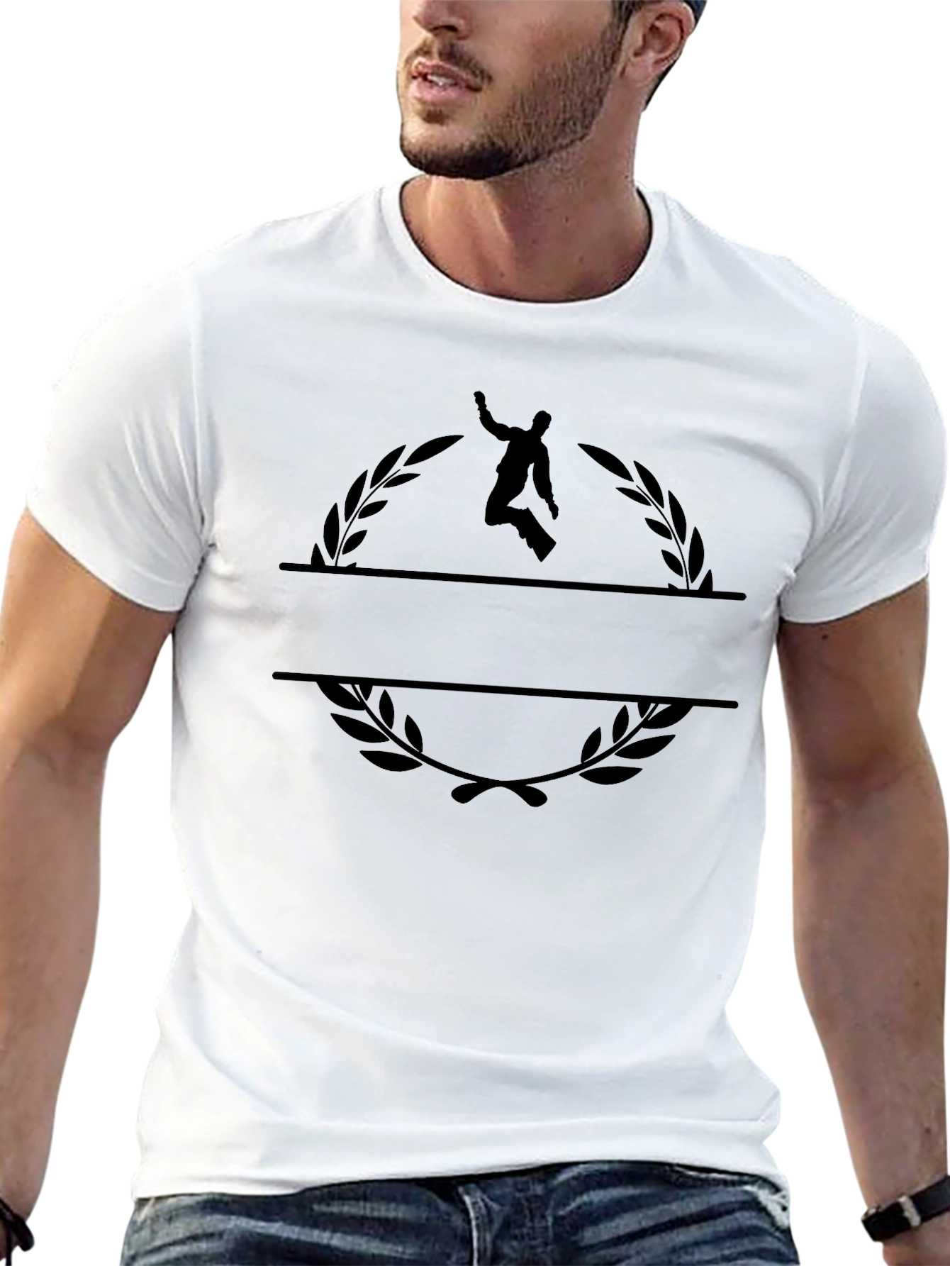 Stylish Black Tee with Laurel & Figure Design