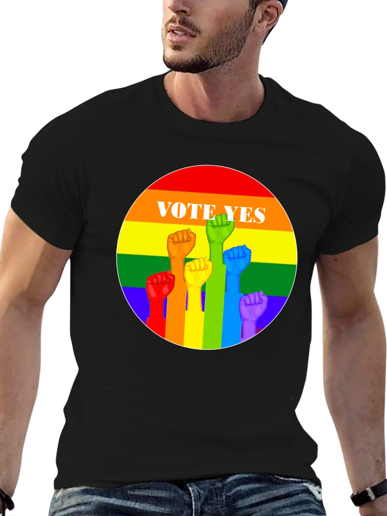 Vote Yes Pride T-Shirt - Rainbow Fist Design