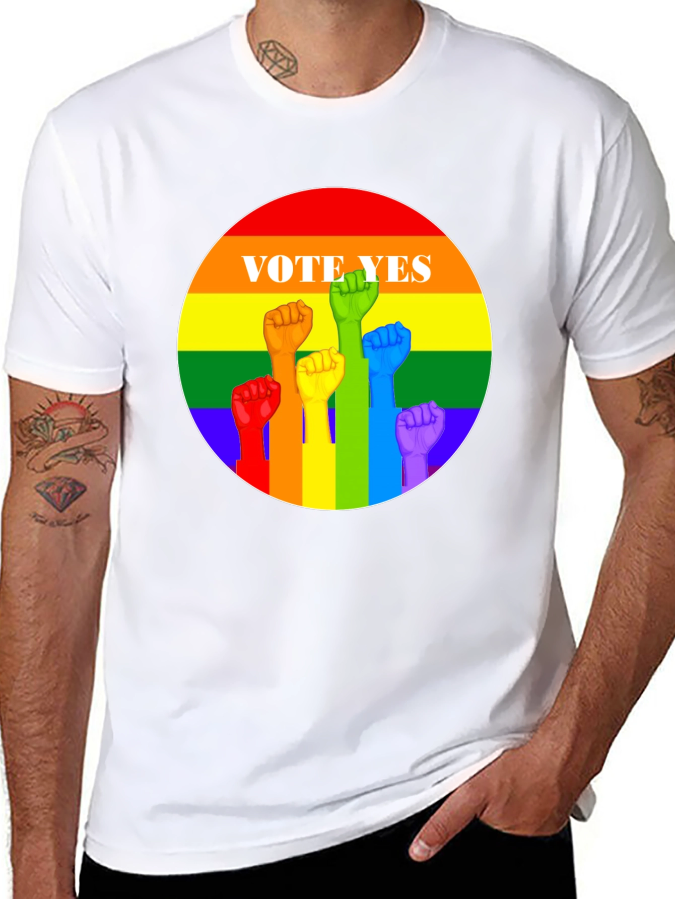 Vote Yes Pride T-Shirt - Rainbow Fist Design