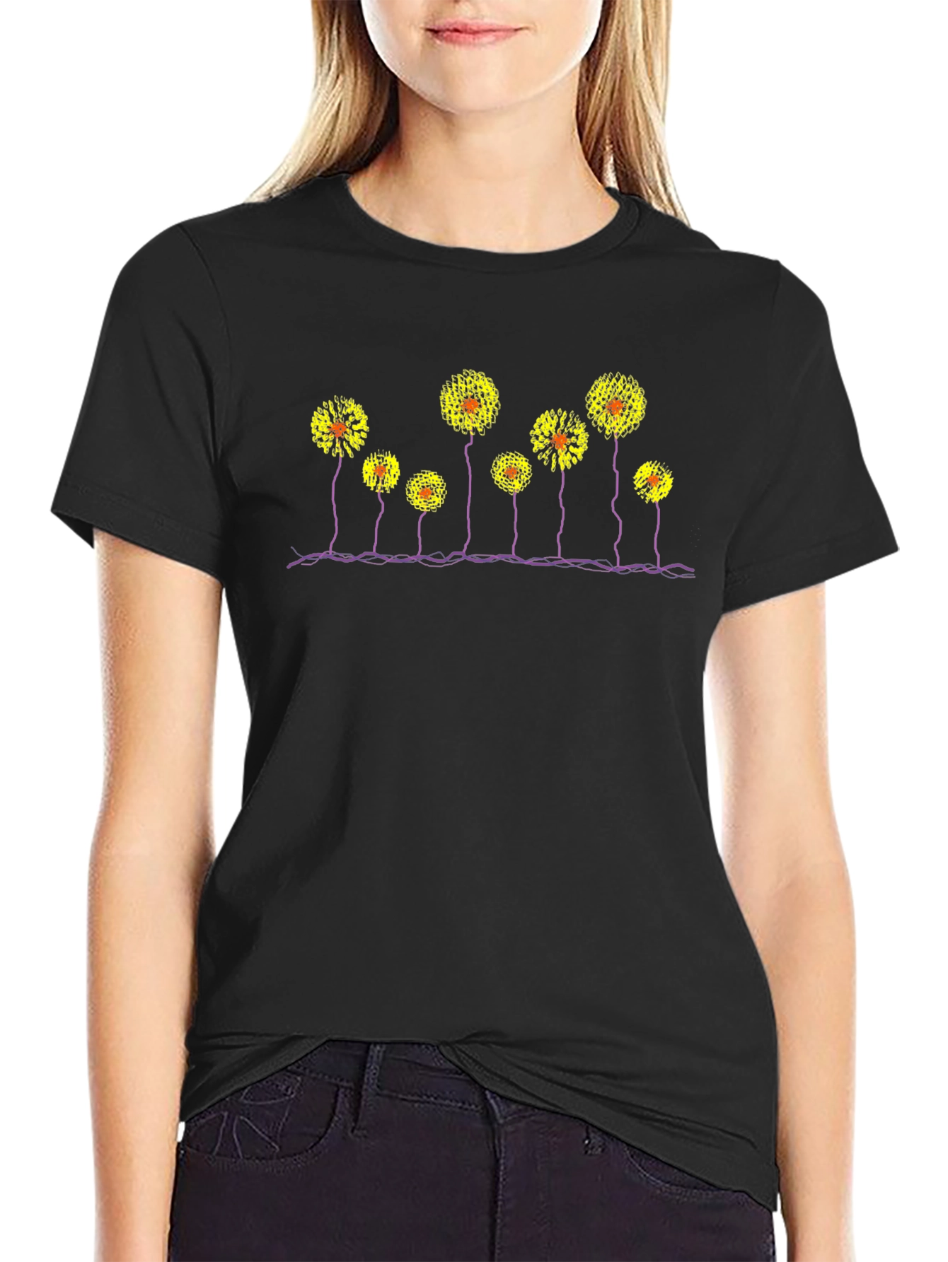 Black T-Shirt with Abstract Flower Design