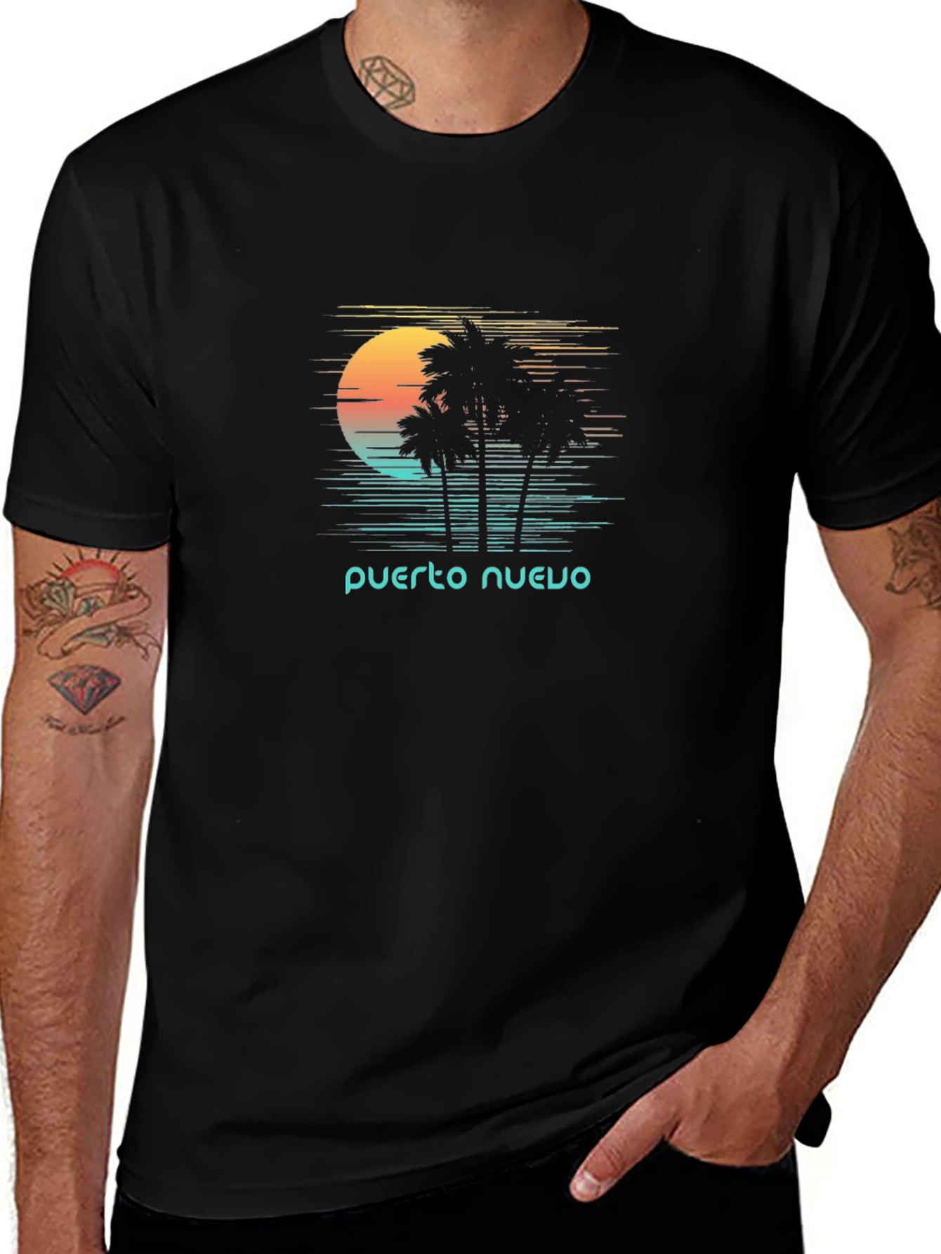 Puerto Nuevo Retro T-Shirt - Palm Tree Sunset Tee