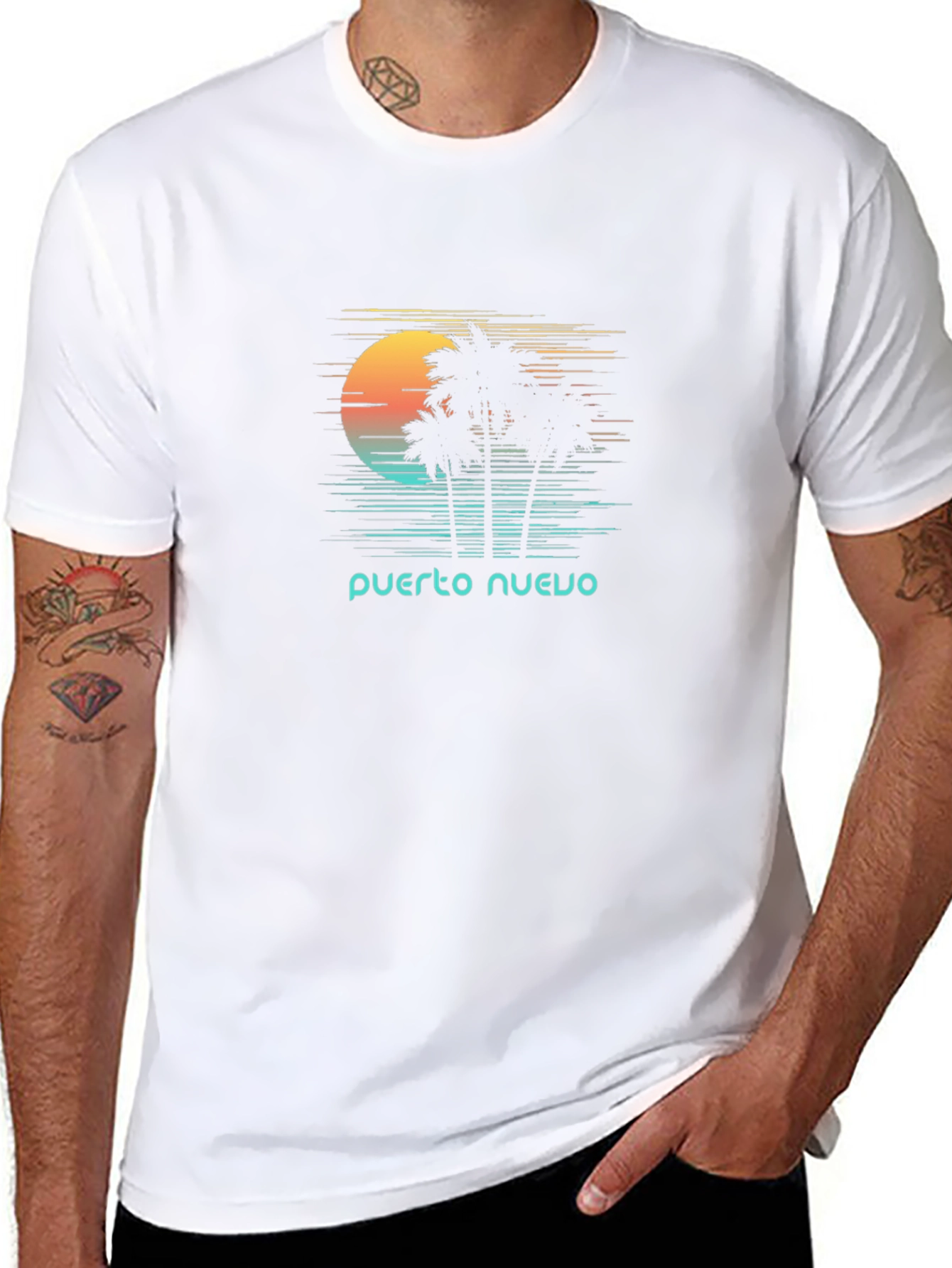 Puerto Nuevo Retro T-Shirt - Palm Tree Sunset Tee