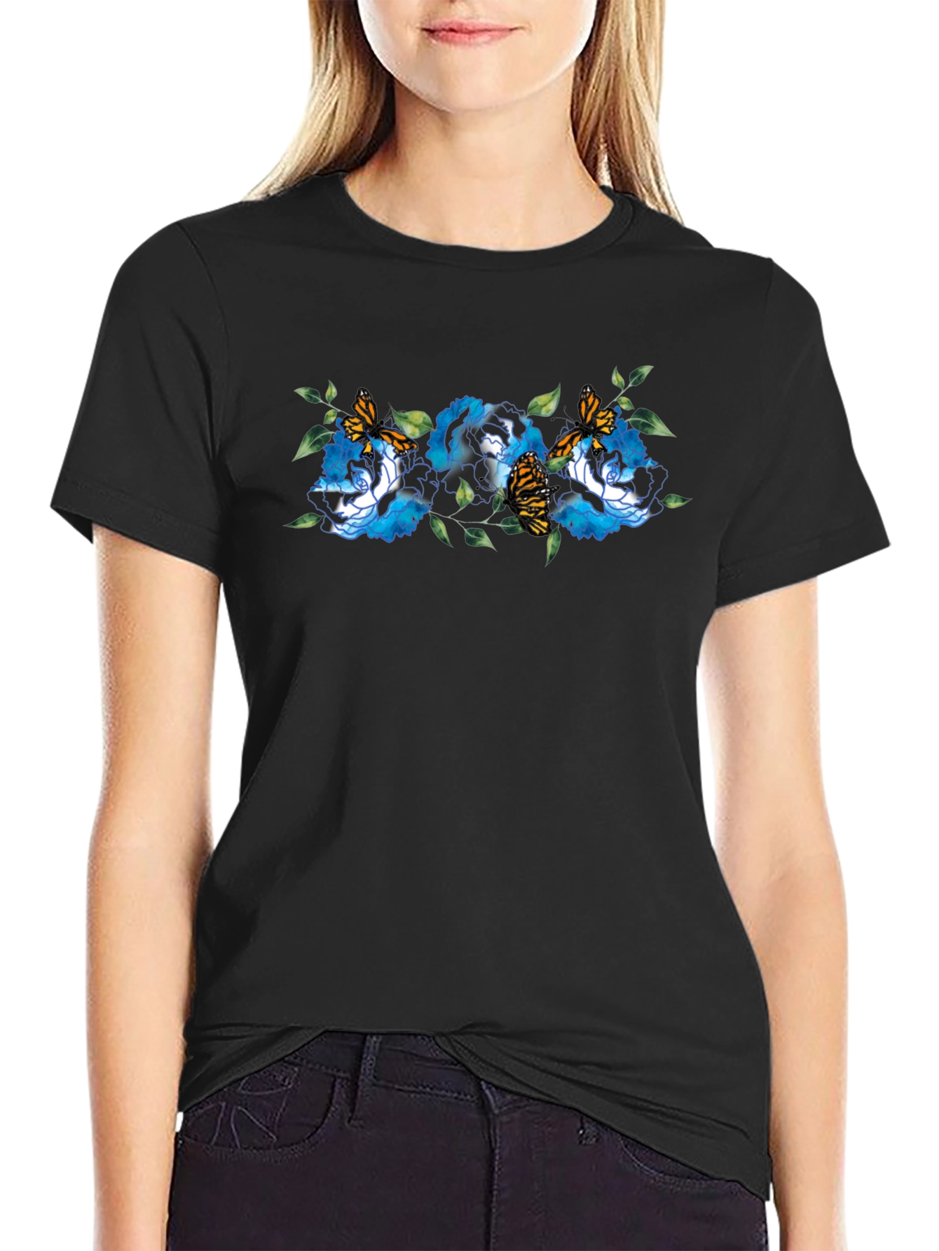 Floral Butterfly Black T-Shirt