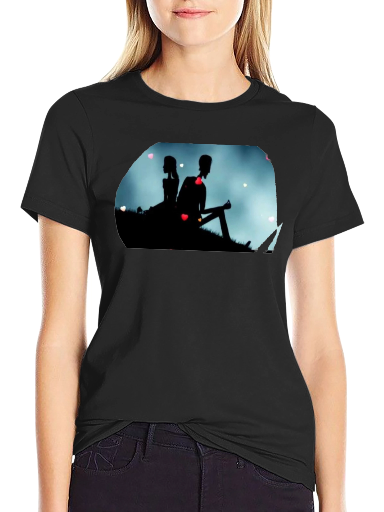 Silhouette Couple Heart Graphic Black Tee
