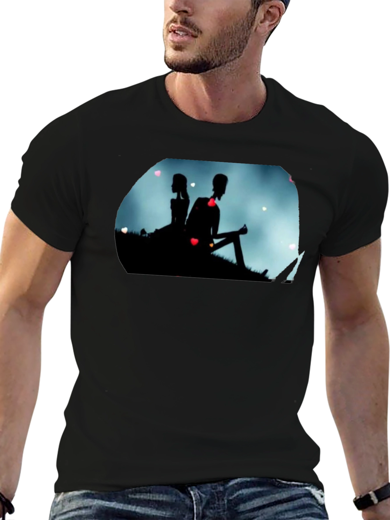 Silhouette Couple Heart Graphic Black Tee
