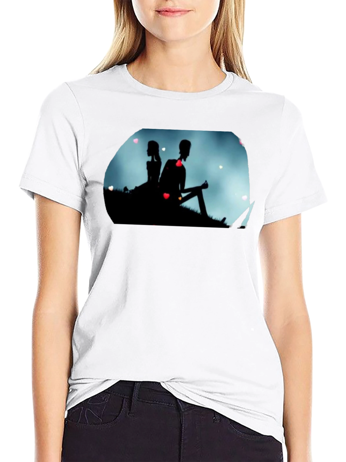 Silhouette Couple Heart Graphic Black Tee