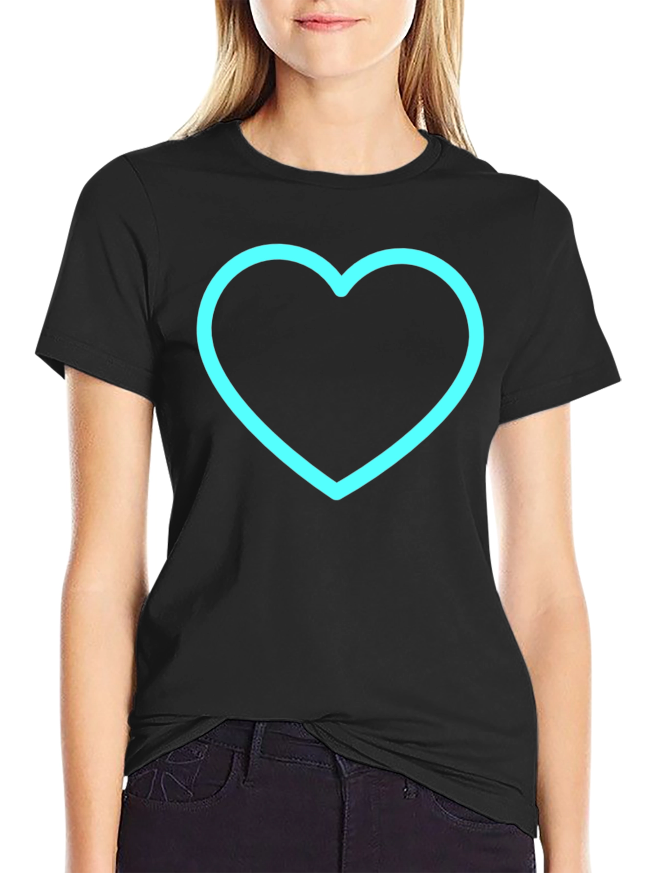 Black T-Shirt with Neon Blue Heart Graphic