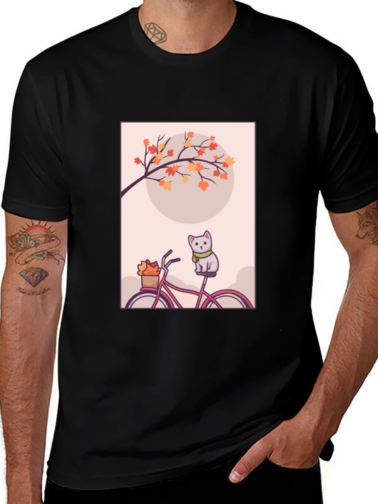 Cute Cat on Bike T-Shirt - Autumn Vibes