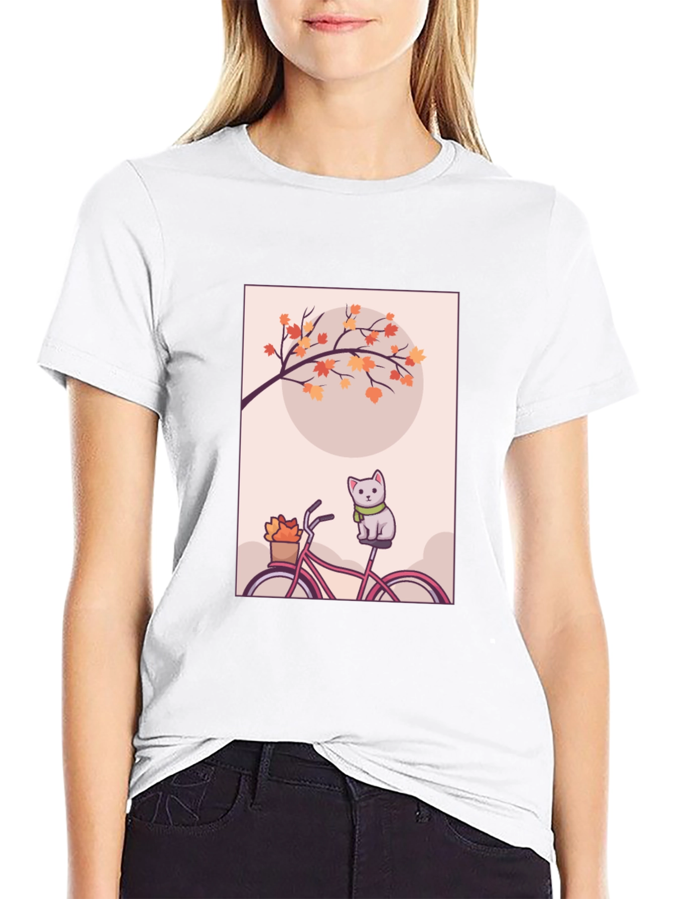 Cute Cat on Bike T-Shirt - Autumn Vibes