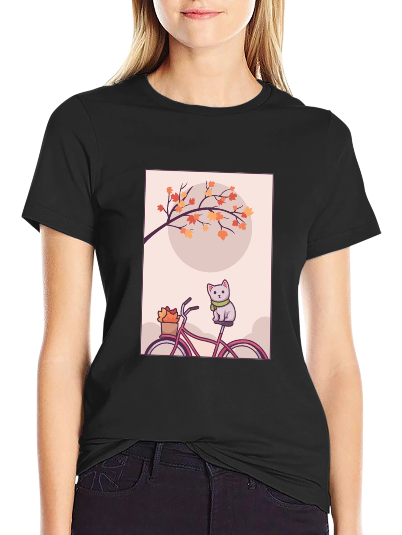 Cute Cat on Bike T-Shirt - Autumn Vibes